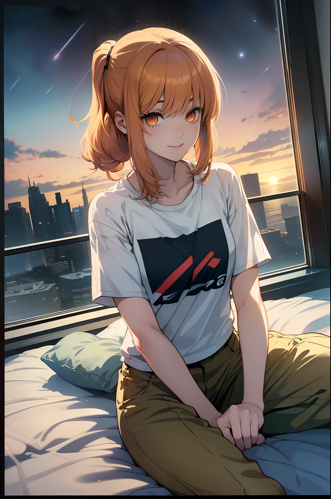 highest qualityr、Calidad de imagen superior、obra maestra、girl with((18yr old、Camiseta negra de manga corta、pantalones rojos、Mejor busto、Busto 85、una rubia、poneyTail、,strange eye、Pecho abierto de par en par、Cerca del visor、、felicidad、Una leve sonrisa、dormir en la cama))HiQuality、Arte visual、Antecedentes con((Nice hotel room、una cama))、profundidad((ventana、Estrellas fugaces))