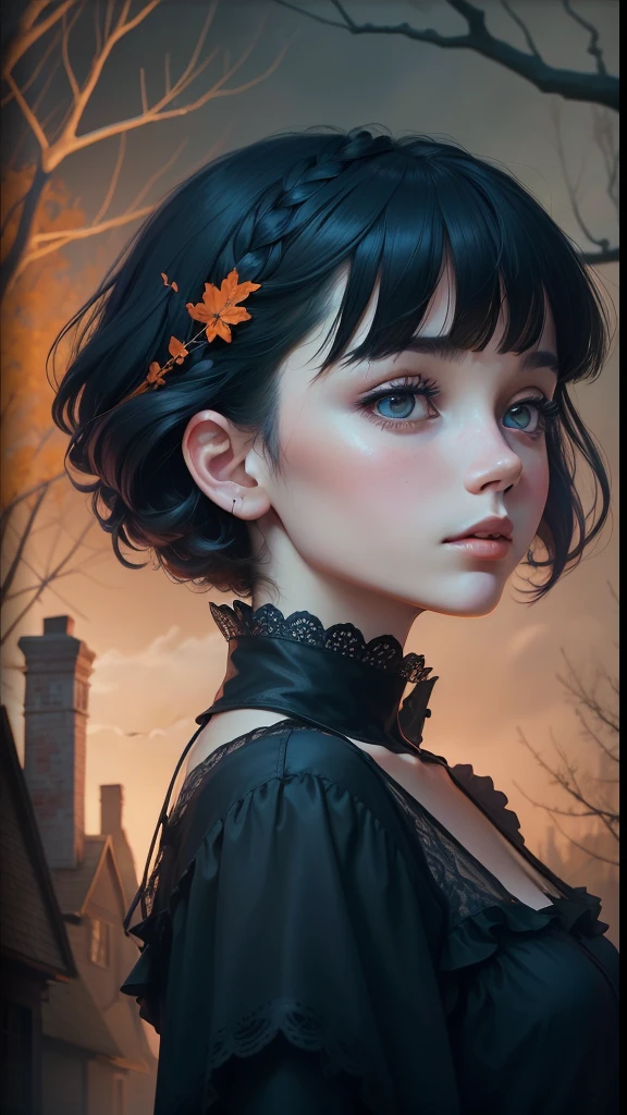 a colorful digital artwork of a woman's head and branches, short bangs in front hairstyle, in the style of haunting houses, graceful surrealism, depictions of urban life, dark sky-blue and orange, portraitures with hidden meanings, caricature-like illustrations, metropolis meets nature --ar 69:128 --s 750 --niji 5