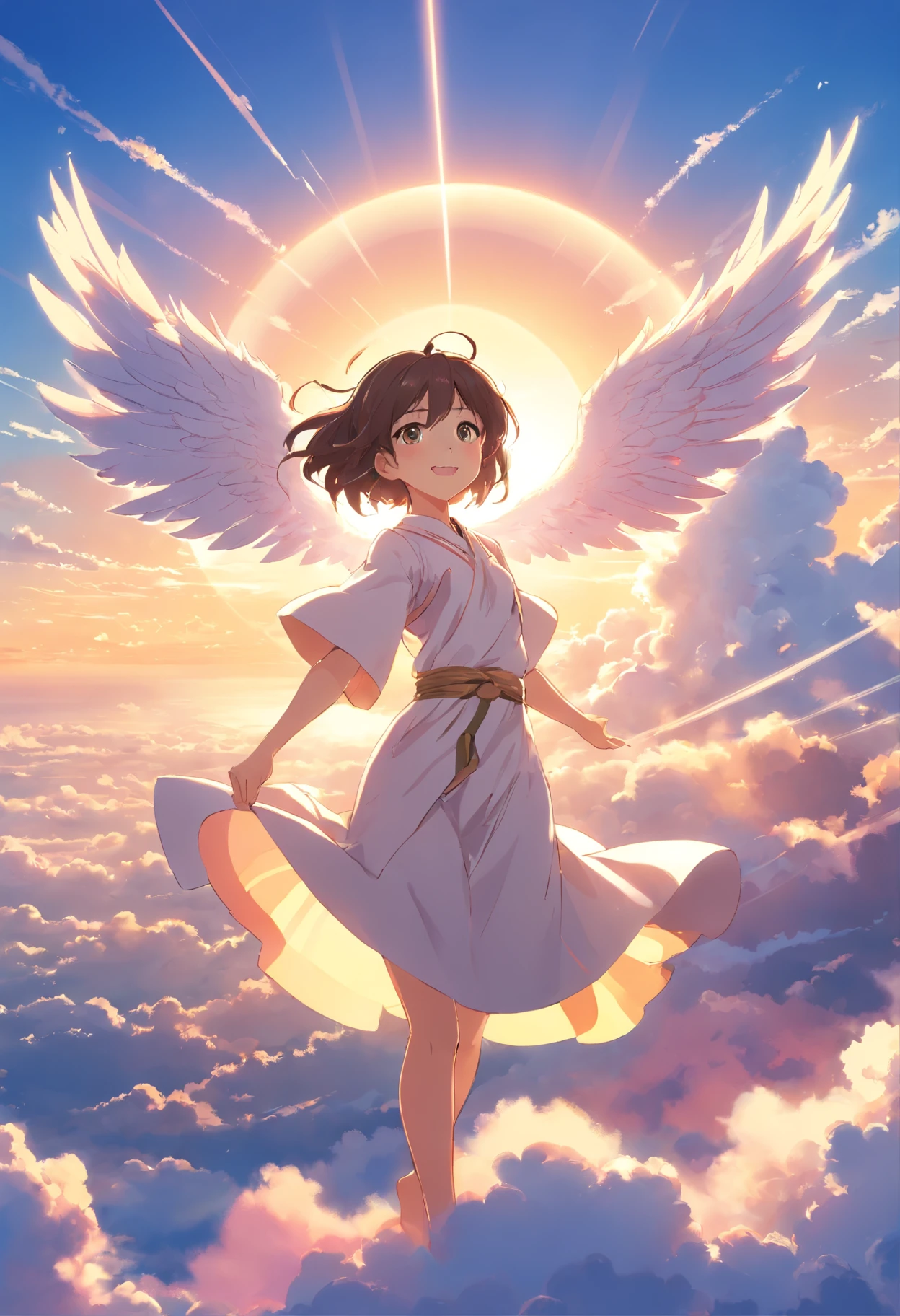 Above the clouds, Makoto Shinkai-style, full, three-dimensional clouds, beautiful sun rays, anthropomorphic angel girl in white noble robes, girl landing on top of the clouds, smiling at the outside of the picture, intricate details, Intricate work by Gribors, Behind the sky, Pink, Beautiful wings, Detailed eyes and lips