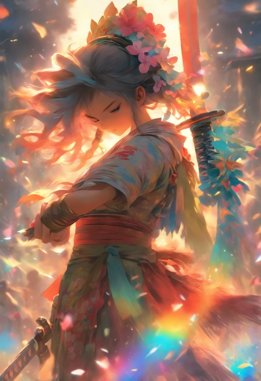 Woman with sword and flower helmet, Holding a sword, artwork in the style of guweiz,Sitting upright、facial expression crying、 Sword tied at the waist, katanas, Female Samurai、Cloudy sky、Pray in front of a sword stuck in the ground、Praying、breezing、Detailed drawing. Darker colors. High image quality. --S 1000 --AR 4:5 - Rainbow 5