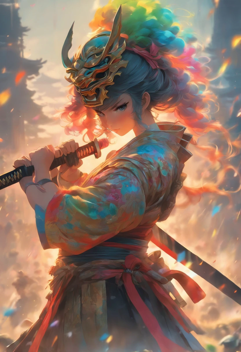 Woman with sword and flower helmet, Holding a sword, artwork in the style of guweiz,Sitting upright、facial expression crying、 Sword tied at the waist, katanas, Female Samurai、Cloudy sky、Pray in front of a sword stuck in the ground、Praying、breezing、Detailed drawing. Darker colors. High image quality. --S 1000 --AR 4:5 - Rainbow 5
