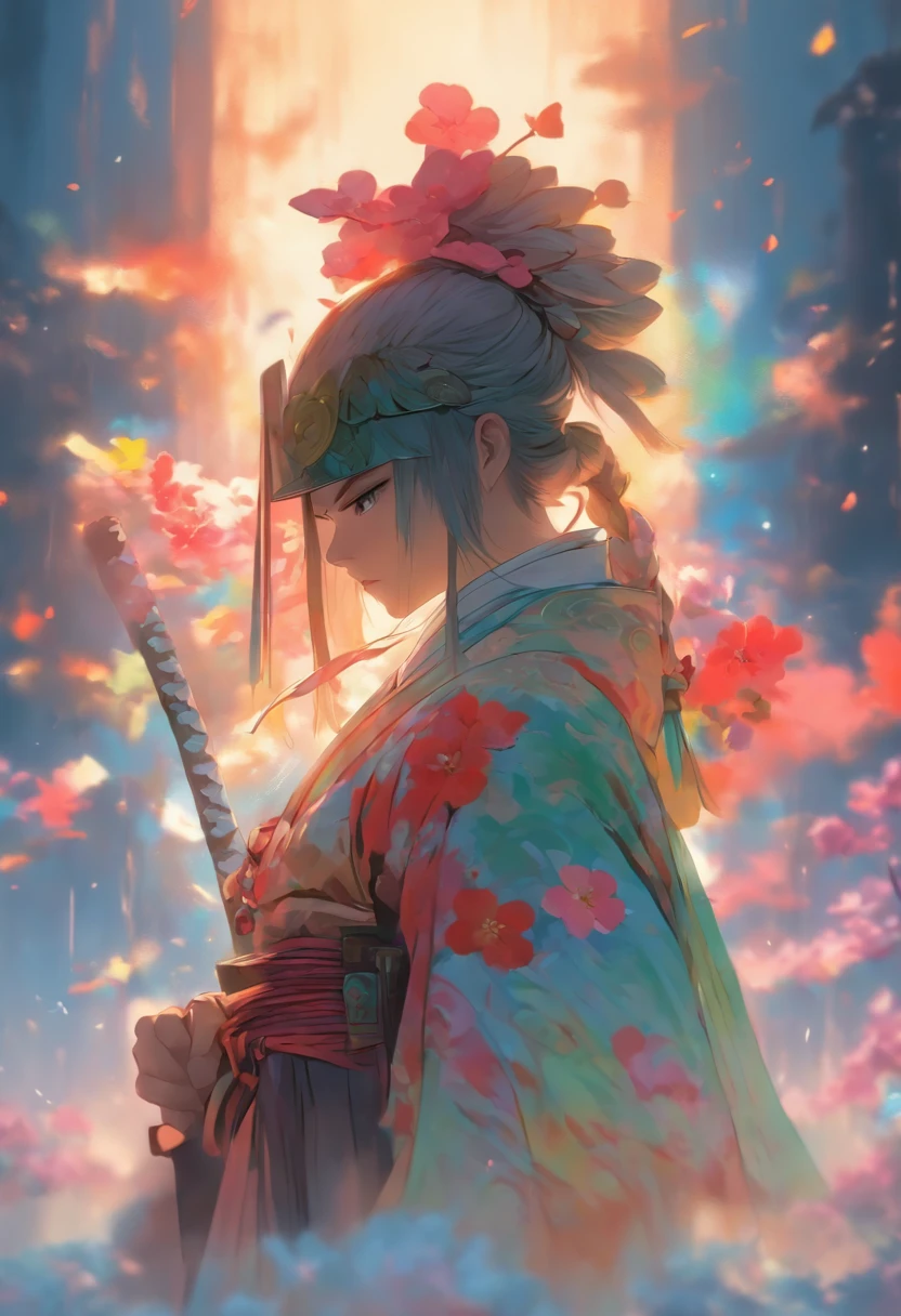 Woman with sword and flower helmet, Holding a sword, artwork in the style of guweiz,Sitting upright、facial expression crying、 Sword tied at the waist, katanas, Female Samurai、Cloudy sky、Pray in front of a sword stuck in the ground、Praying、breezing、Detailed drawing. Darker colors. High image quality. --S 1000 --AR 4:5 - Rainbow 5