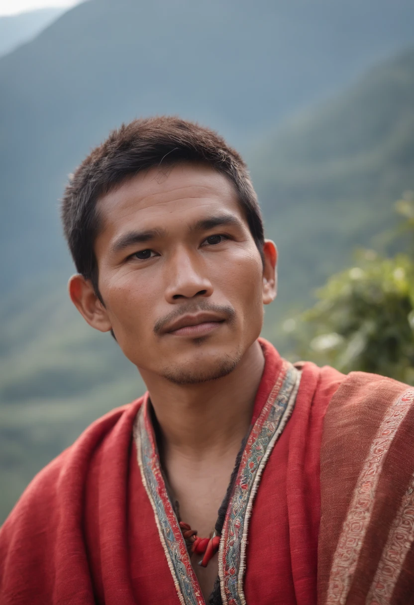 Ifugao god of gods, handsome man, black hair, god among all, heavenly, wearing red traditional attire, cordillera, igorot, ifugao, filipino, people surrounding gods, rice terraces, blue sky setting, harvest time, ancient, 7th century, old filipino clothes, northern philippines, cordillera attire