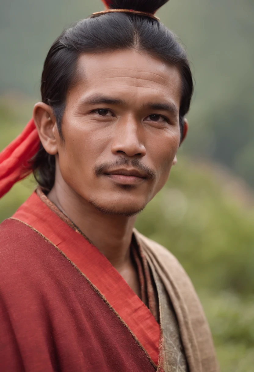 Ifugao god of gods, handsome man, black hair, god among all, heavenly, wearing red traditional attire, cordillera, igorot, ifugao, filipino, people surrounding gods, rice terraces, blue sky setting, harvest time, ancient, 7th century, old filipino clothes, northern philippines, cordillera attire