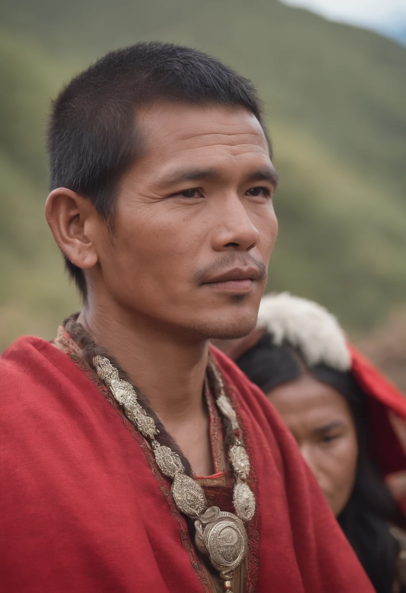 Ifugao god of gods, handsome man, black hair, god among all, heavenly, wearing red traditional attire, cordillera, igorot, ifugao, filipino, people surrounding gods, rice terraces, blue sky setting, harvest time, ancient, 7th century, old filipino clothes, northern philippines, cordillera attire
