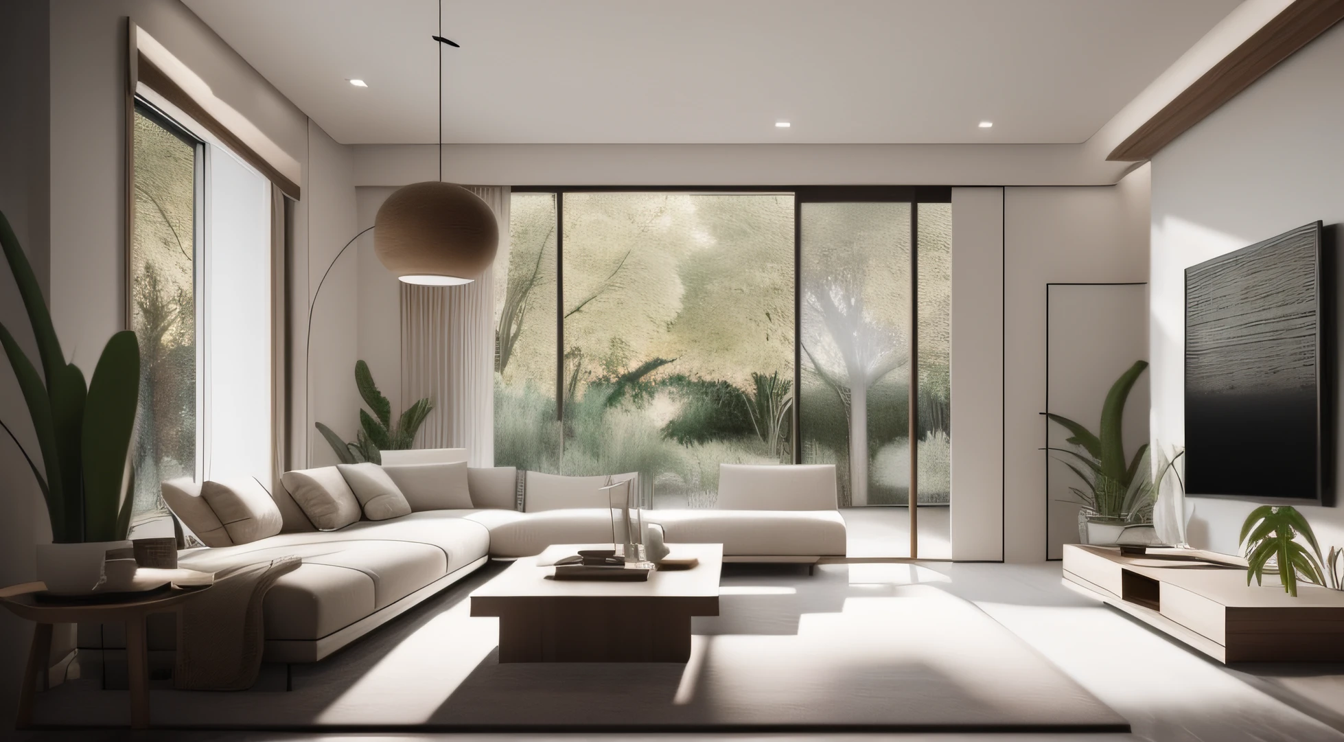 Sala de estar minimalista，Flores e plantas raras（1:0.05），raios solares，Sem design de luz principal，Uma obra-prima premiada，Amazing details Large windows，altamente detalhado，Arte do Bazar Harper's，revista de moda，Fluency，Clear focus，8k，rendering by octane，