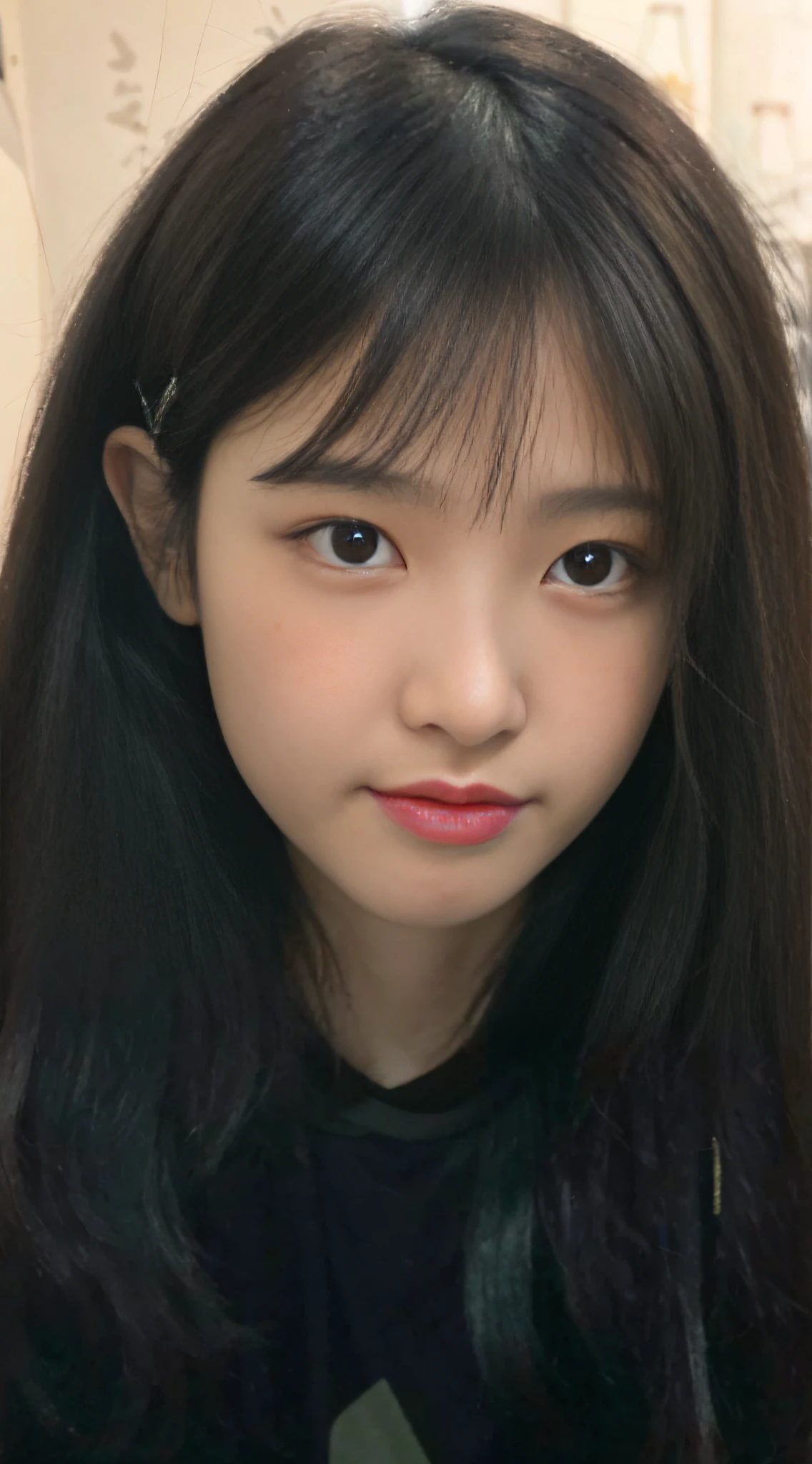 there is a woman with long hair and a black shirt, wan adorable korean face, Shin Jinying, with round face, young cute wan asian face, She has a cute face, jaeyeon nam, young lovely Korean faces, headshot profile picture, portrait of jossi of blackpink, with cute - fine - face, south east asian with round face