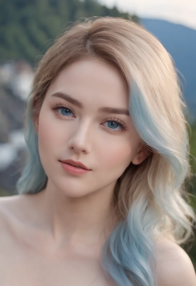 1 beautiful girl, full bodyesbian, standing photo,, Stand in front of Mt. Fuji, blond hair, Blue eyes, Wavy hair, Masterpiece, Diffuse flex illumination, Portrait, Best quality (Perfect face:1.4), Ultra-realistic highly detailed, complex and realistic simulation style photos,Focus clearly on the eyes, Cinematic lighting, studio shoot, gorgeous posture, fully naked. showing lot of pubic hair, showing a lot of blue hair