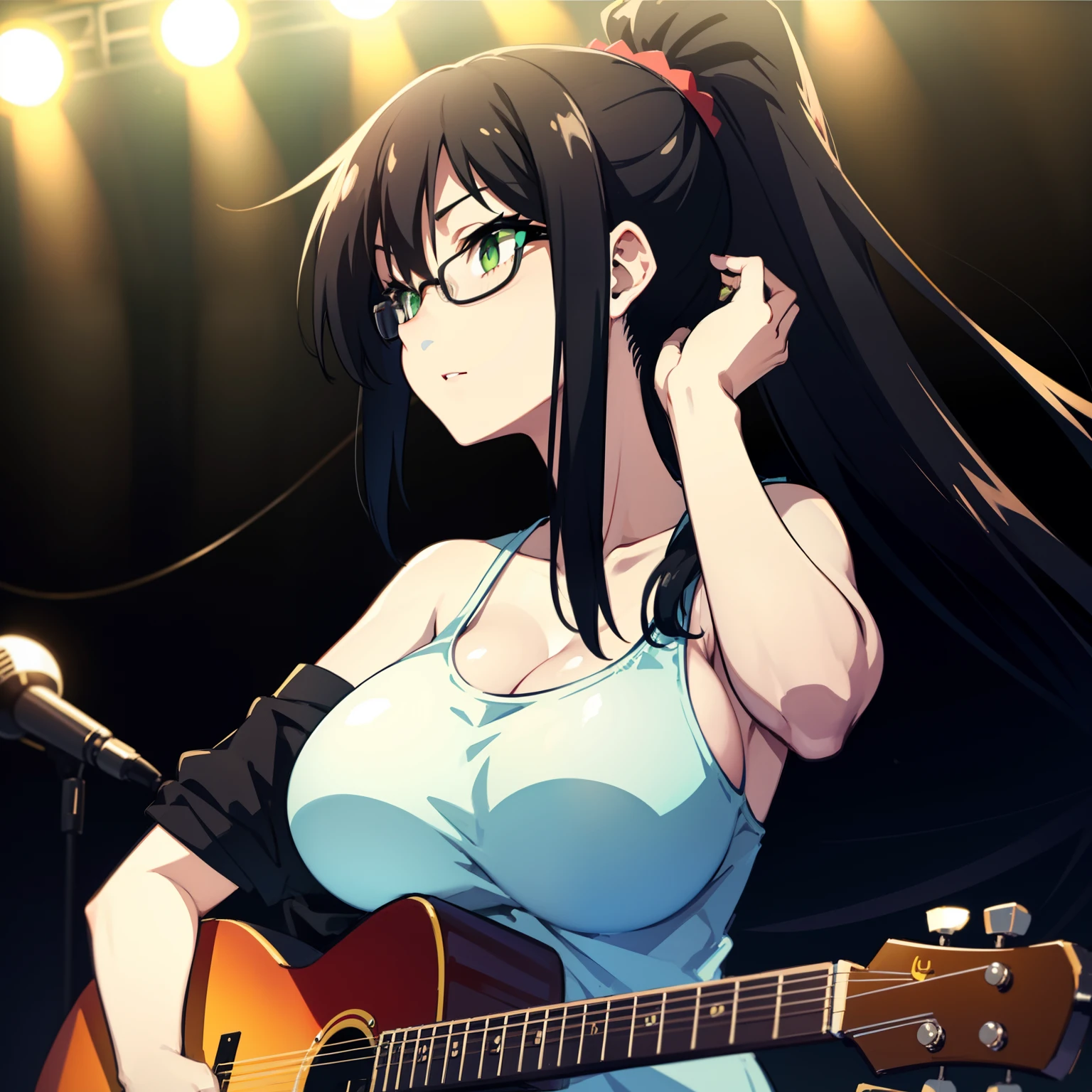 Black hair, green eyes, (huge tits), 1women, busty, thick, (tank top), jacket, headphone, playing guitar, at concert hall, (solo), ponytail hair, glasses, lighting stage, people,