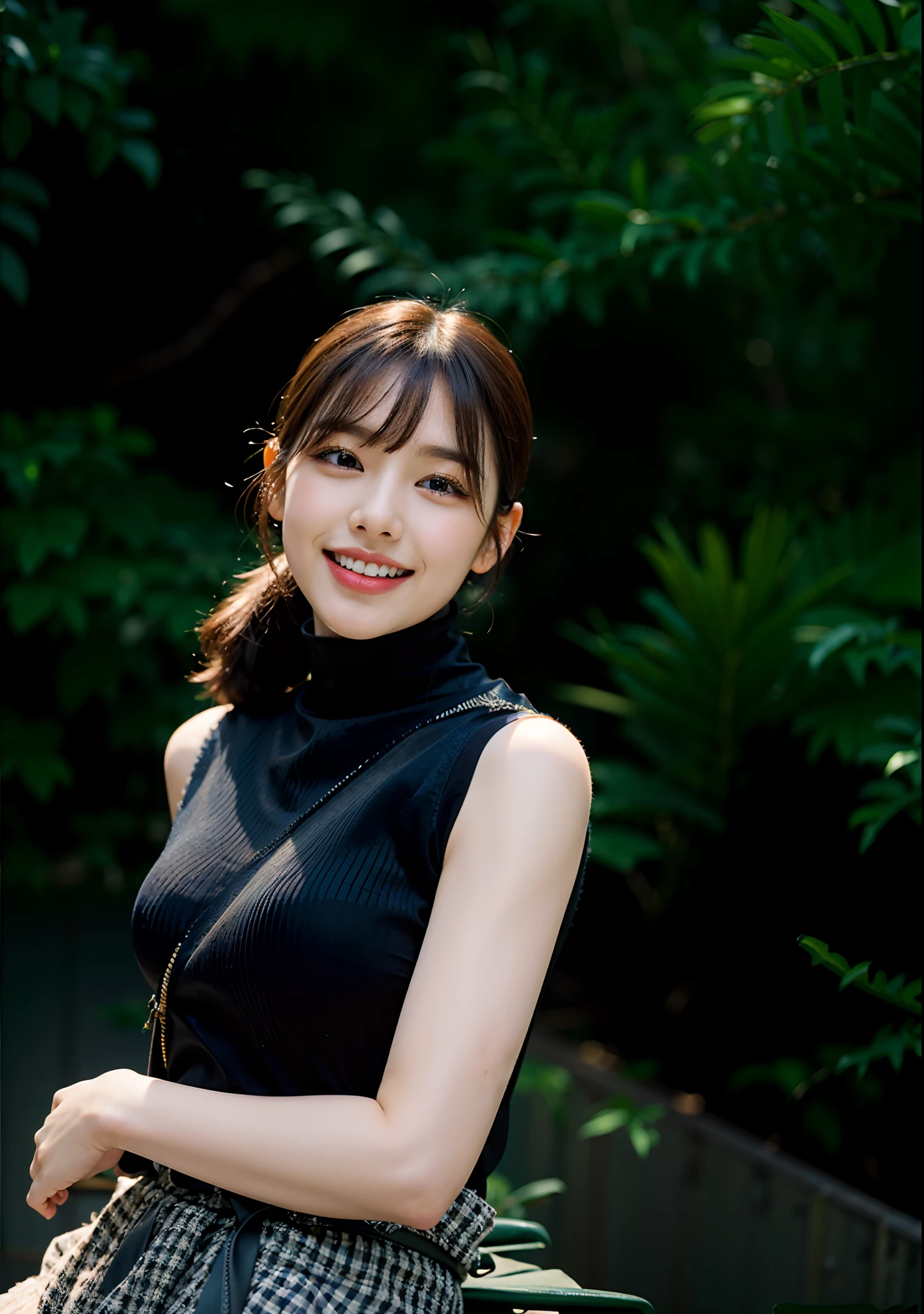 (((Medium hair))), best qualtiy, 8K, hdr, A high resolution, absurderes:1.2, blur backgroun, Background bokeh:1.2, photography of, (RAW photo:1.2), (真实感:1.4), (Masterpiece:1.3), (complexdetails:1.2), 1girll, 独奏, japanaese girl, delicated, Beautiful detailed, (Delicate double eyelids), (Detailed facial features), Bigboobs, (((Large breasts))), Skin Firm, (Looking_at_peeping at the viewer), From_Front, （being thin），（best qualtiy：1.4），（超A high resolution：1.2），cinematic lighitnglamplight，（Extremely detailed illustration），（Gloss on lips，best qualtiy，超A high resolution，depth of fields，Caustics，Extensive illumination，naturalshadow，85mm， f/1.4, iso 200, 1/160s:0.75),1girll, Solo, (((Silk vest))) Smile, ((silk garment,pleatedskirt,‎Classroom))