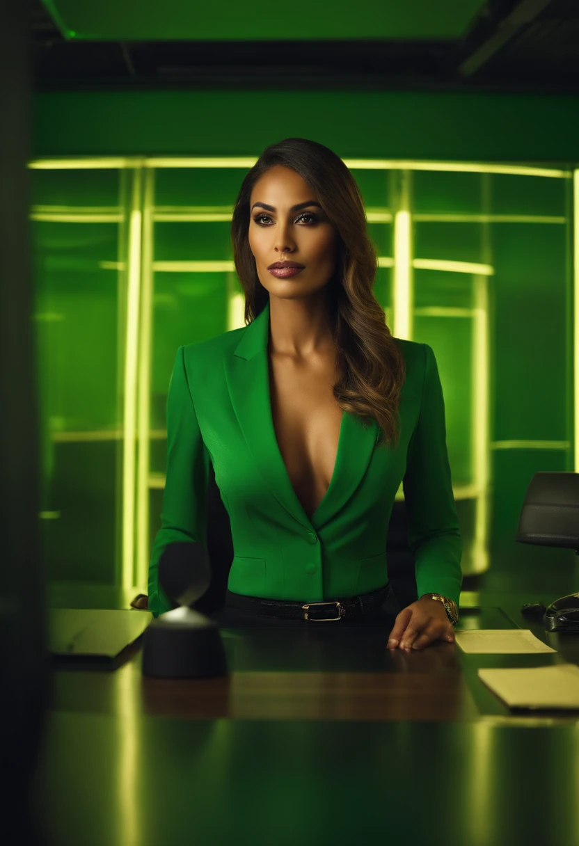 I want a well-dressed Brazilian executive sex woman standing the office setting with the green led background