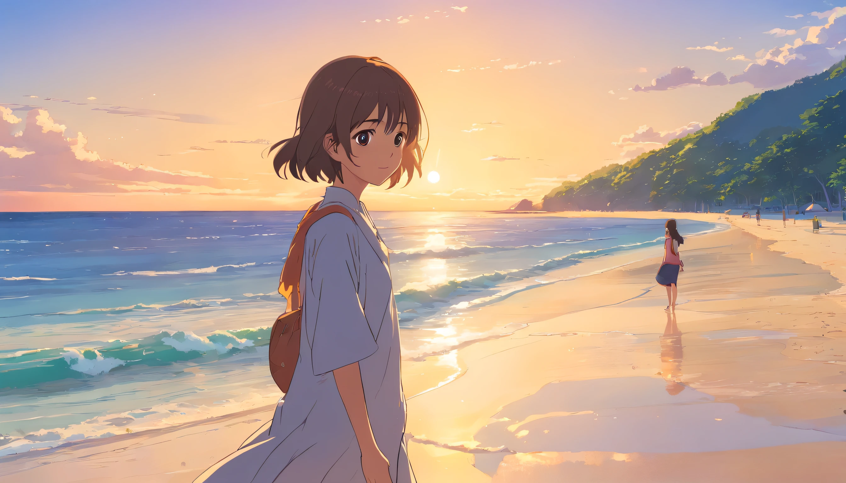 Modern cartoon drawing《A girl on the beach》hiyao miyazaki , Highly detailed, Daylight, Colorful
