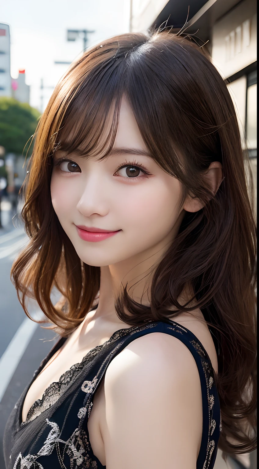 masutepiece, Best Quality, Illustration, Ultra-detailed, finely detail, hight resolution, 8K Wallpaper, Perfect dynamic composition, Beautiful detailed eyes, Women's Fashion🍂,Medium wavy hair,small tits、Natural Color Lip, Bold sexy poses,Smile,Harajuku、20 years girl、Cute、Sexy shot looking at camera