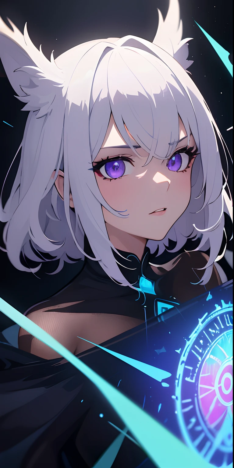 (masterpiece, best quality, ultra-detailed, best shadow), (detailed background,dark fantasy), (beautiful detailed face), high contrast, (best illumination, an extremely delicate and beautiful), ((cinematic light)), colorful, hyper detail, dramatic light, intricate details, (1girl, solo,white hair, sharp face,purple eyes, hair between eyes,dynamic angle), blood splatter, swirling black light around the character, depth of field,black light particles,(broken glass),magic circle,
