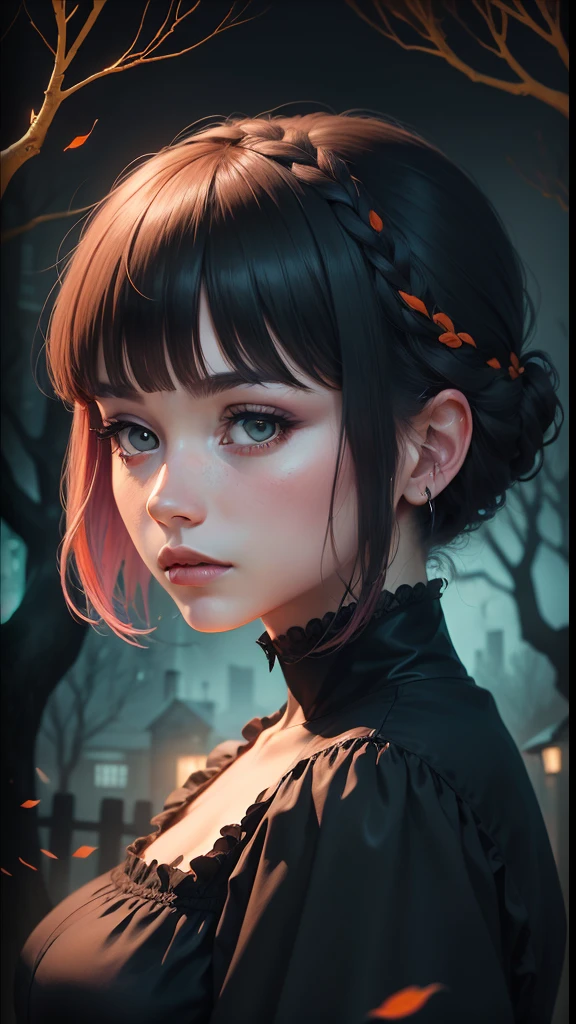 a colorful digital artwork of a woman's head and branches, short bangs in front hairstyle, in the style of haunting houses, graceful surrealism, depictions of urban life, dark sky-blue and orange, portraitures with hidden meanings, caricature-like illustrations, metropolis meets nature --ar 69:128 --s 750 --niji 5