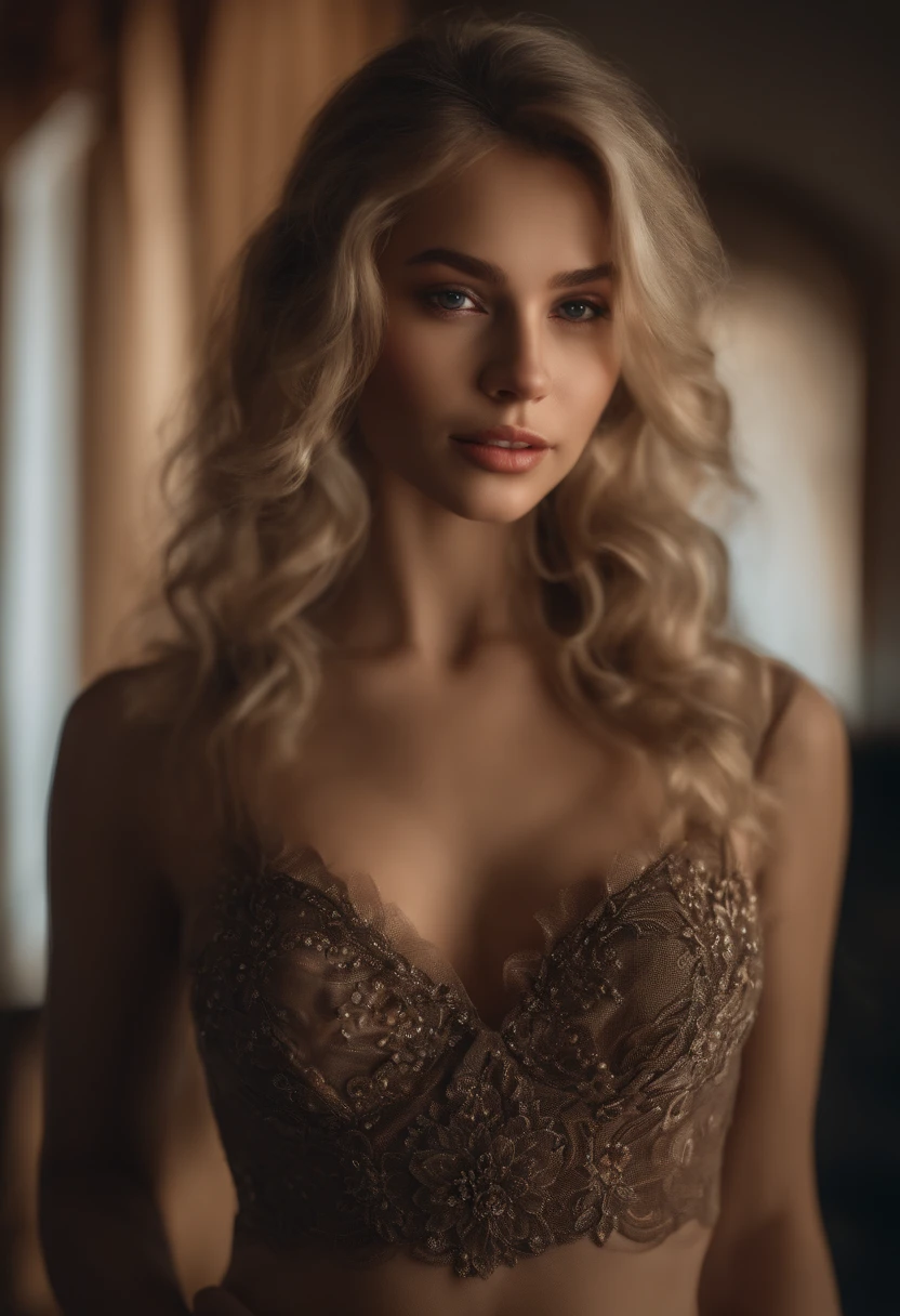 Raw, analog, Nikon Z 85mm,((Best Quality)), ((Masterpiece)), ((Realistic)),Vintage image, Gorgeous Russian woman, blond, 22 years old, posing in a hotel in lingerie, Wearing Underwear Small, ssmile, showing teeth, ((small breasts)), intricate details, Highly detailed, sharp-focus, Professional, 4k, god rays, Manual model, Stunning brown eyes, Petite, hight resolution, Detailed facial features, high detail, sharp-focus, Smooth, Extremely detailed, photo_\(ultra\), Photorealistic, Realistic, postprocessed, max detail, roughness, Real life, ultra realistis, photo realism, 8K UHD, SEMI-SILHOUETTE light, Slavic face, hairlong, beautiful hair, Characteristic face, full - body