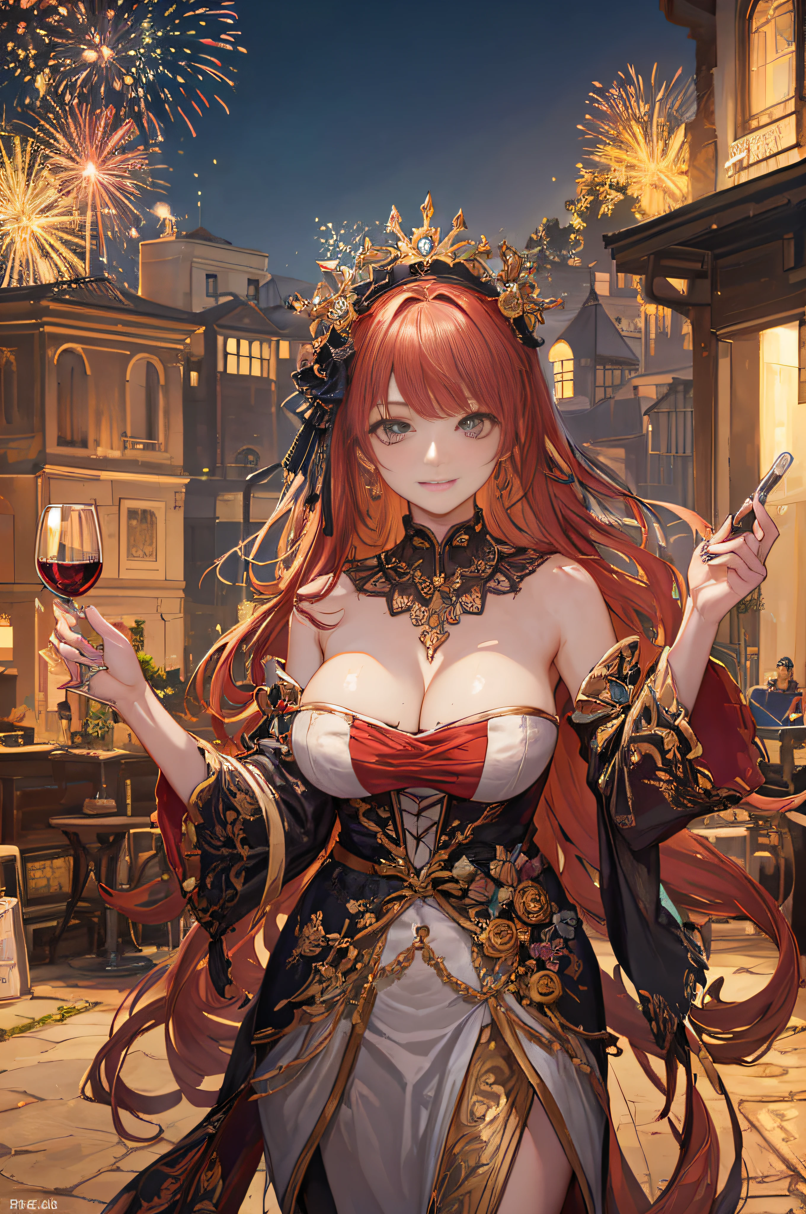 ((A sexy and beautiful woman holding a wine glass and looking at me on the terrace)), ((The cutest 22-year-old beauty)), Charming smile, ((Fireworks in the background) ), ((Very long hair) ), ((One piece with a lot of exposed parts)), ((Rich bust)), Gradient eyes, Seductive makeup, Single view, NFFSW, UHD, Retina, Masterpiece, Accurate, Anatomy Scientifically correct, textured skin, super detail, high detail, high quality, award winning, highest quality, high resolution, 1080P, HD, 4K, 8k, 16k