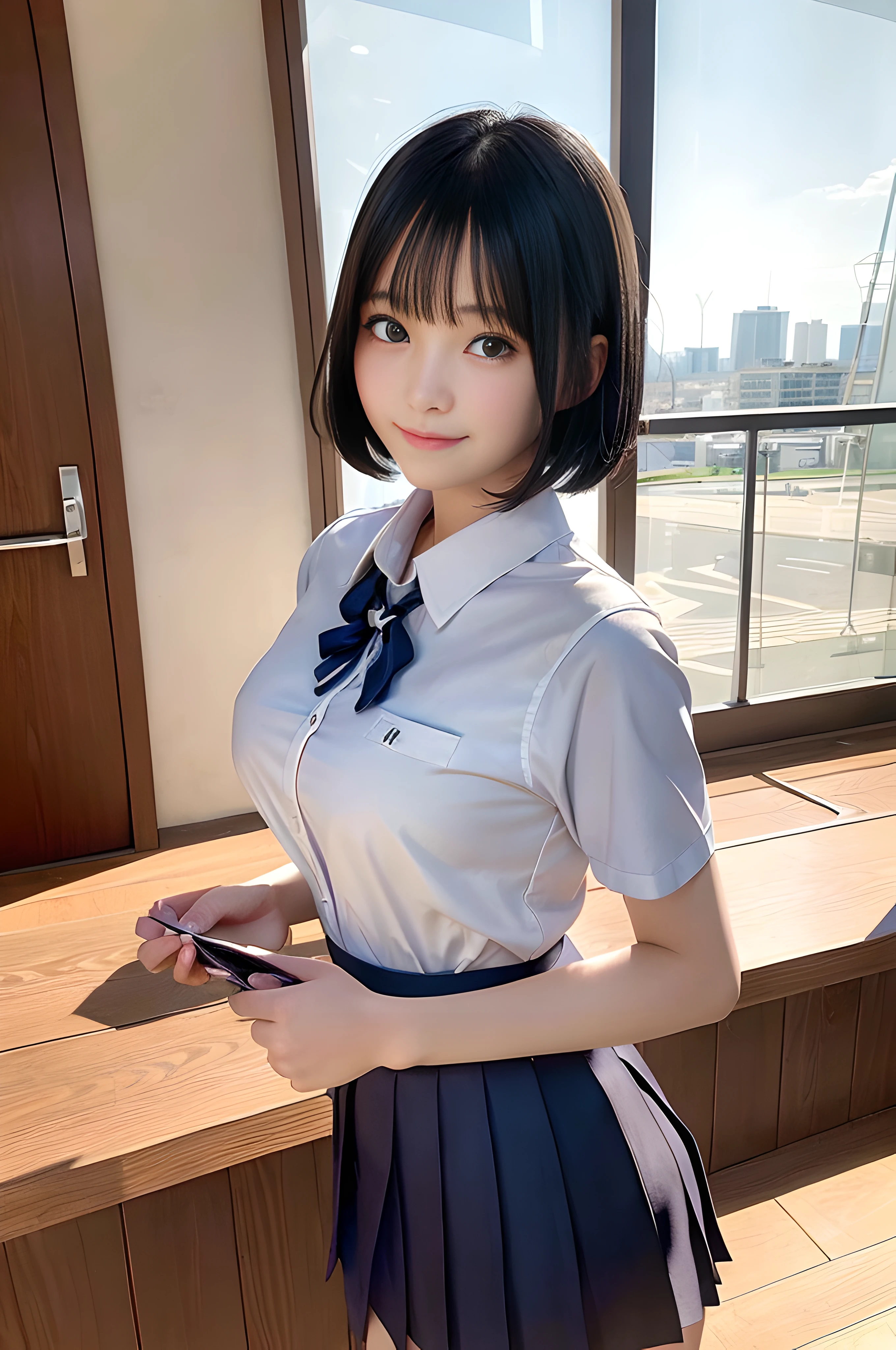 masterpiece, best quality, photorealistic, raw photo, DSLR, 15-year-old beautiful Japanese girl, shiny fair skin, realistic beautiful no makeup face, realistic beautiful bright eyes, double eyelids, look at viewer, smiling, highest detailed shiny black short hair and bangs, disheveled hair, slim figure, slim face, slim waist, big breasts, ((school uniform, assemble plastic models)), realistic lighting and shadows, depth of fields, highest delicate and beautiful photo, ultra high resolution, 8k UHD wallpaper,