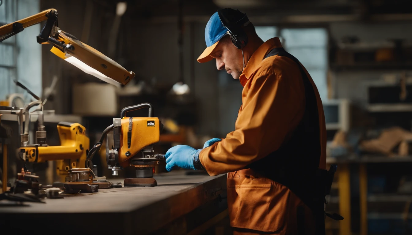 Wear tech-inspired clothing，A maintenance worker with a repair tool in hand，Sit behind the workbench