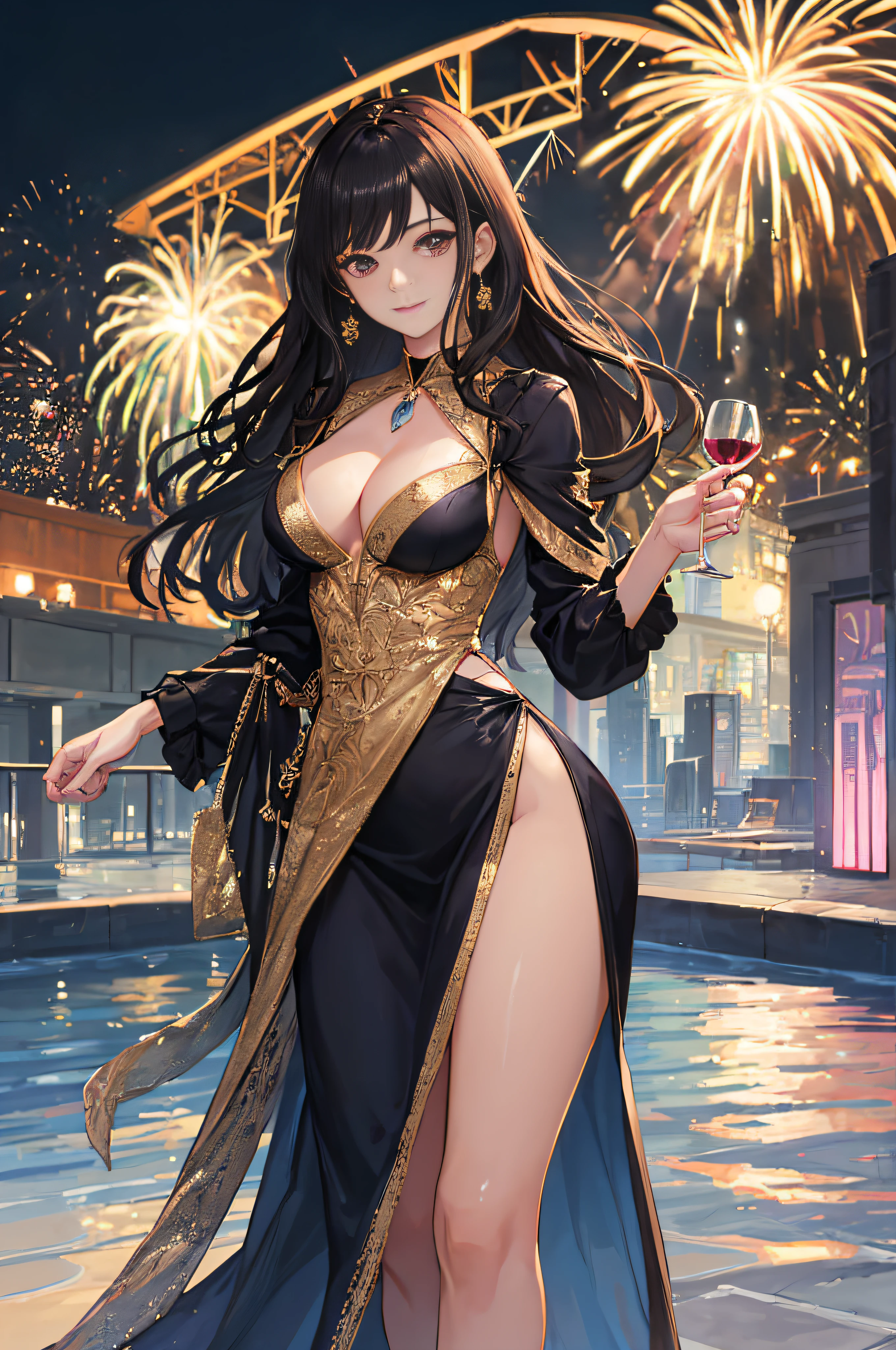 ((A sexy and beautiful woman holding a wine glass and looking at me on the terrace)), ((The cutest 22-year-old beauty)), Charming smile, ((Fireworks in the background) ), ((Very long hair) ), ((One piece with a lot of exposed parts)), ((Rich bust)), Gradient eyes, Seductive makeup, Single view, NFFSW, UHD, Retina, Masterpiece, Accurate, Anatomy Scientifically correct, textured skin, super detail, high detail, high quality, award winning, highest quality, high resolution, 1080P, HD, 4K, 8k, 16k