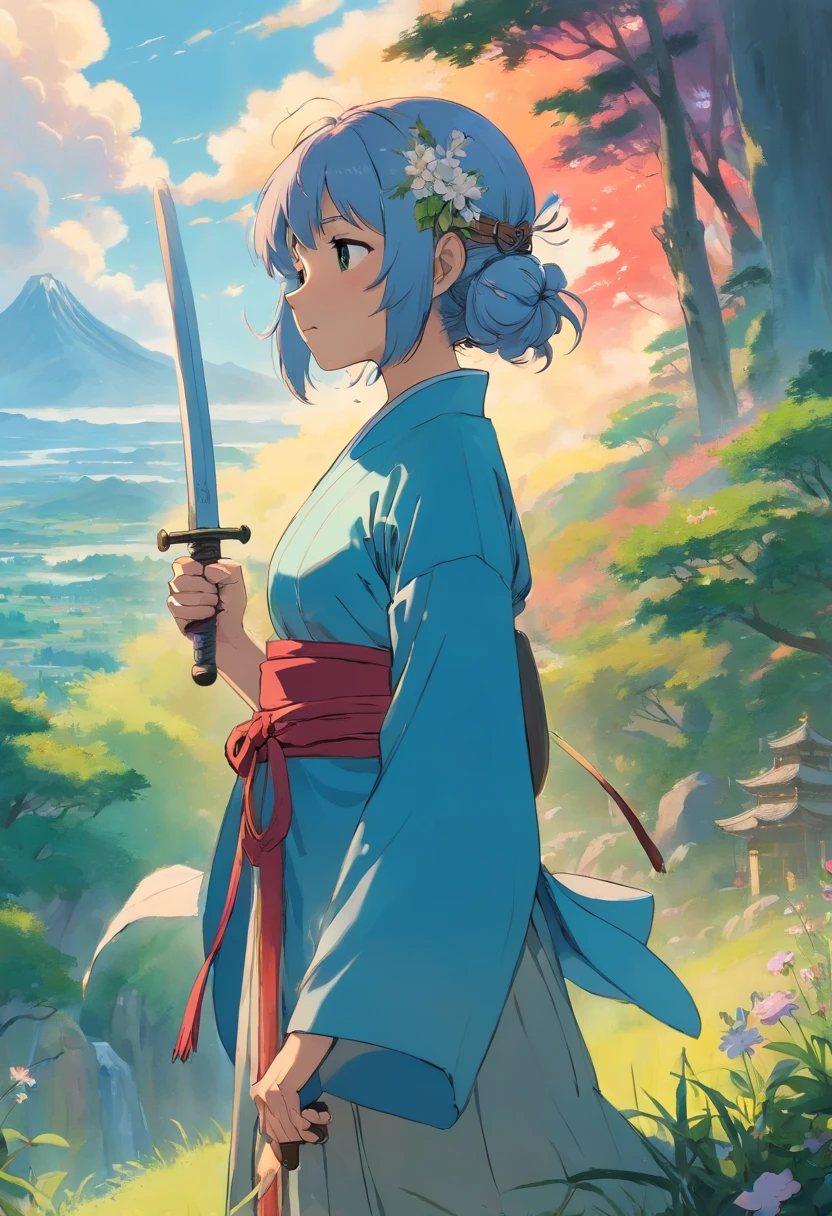 Woman with sword and flower helmet, Holding a sword, artwork in the style of guweiz,Sitting upright、facial expression crying、 Sword tied at the waist, katanas, Female Samurai、Cloudy sky、Pray in front of a sword stuck in the ground、Praying、breezing、Detailed drawing. dark color. High image quality. --S 1000 --AR 4:5 - Rainbow 5
