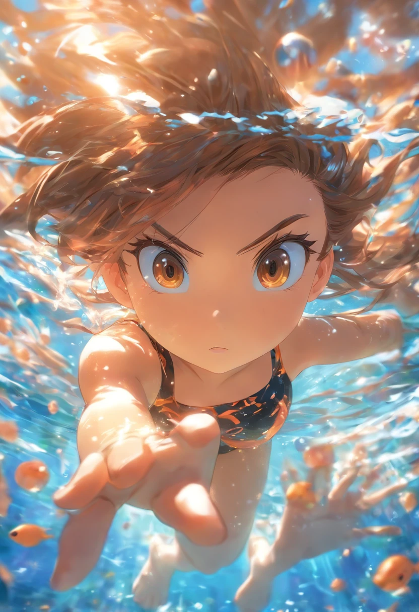 foreshortening,  depth of field, masterpiece, best quality, 1girl, brown hair, brown eyes,  long hair, underwater, air bubble, solo, looking at viewer, school swimsuit, swimming,  dappled sunlight,