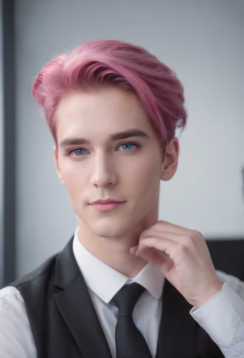 Man with pink hair, Black Executive Set, expecting, Long hair, Sweet look, Blue eyes, Pink eyeshadow, Inside the office.