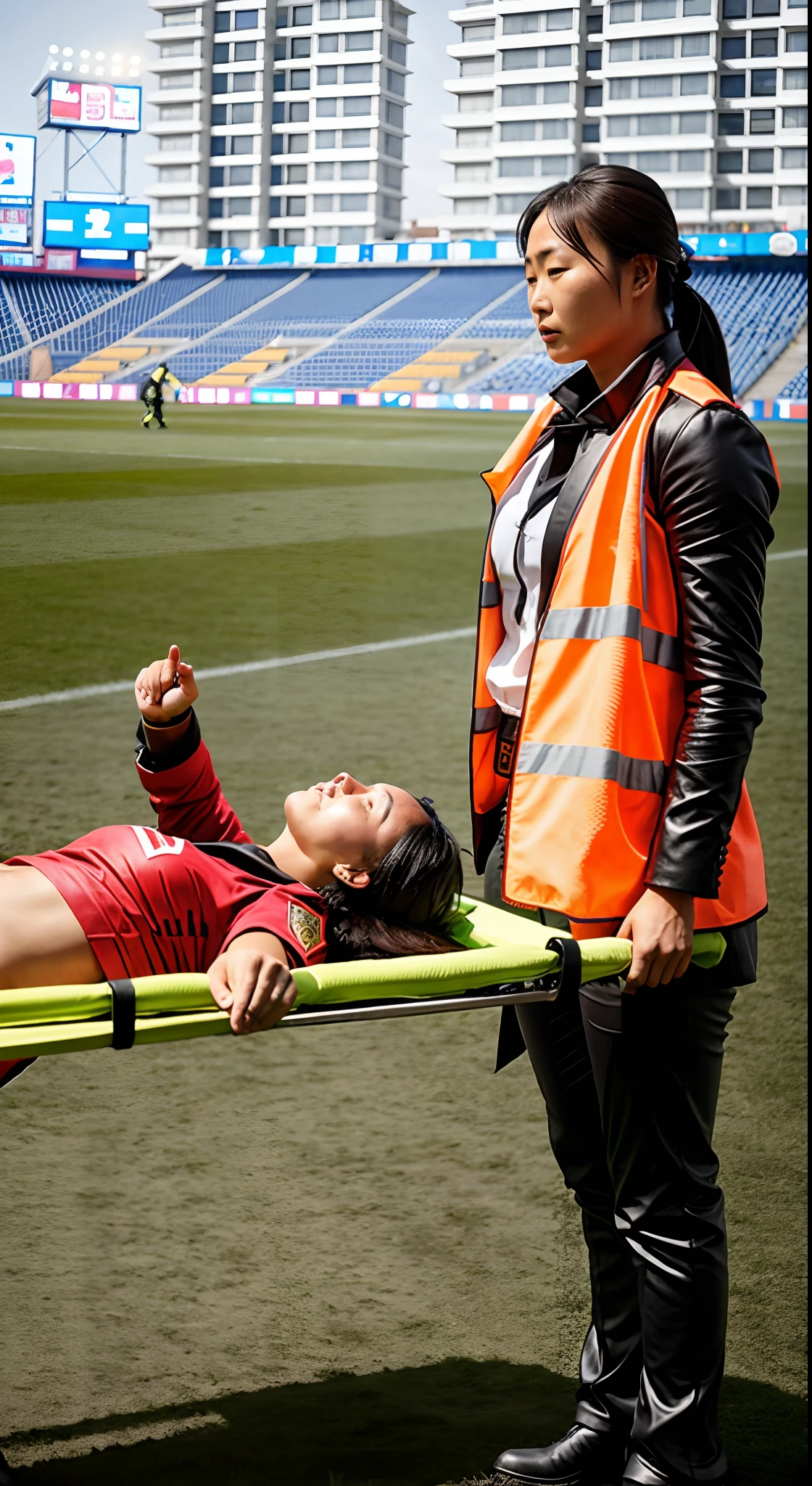 the policewoman holds the stretcher in her hands, the policewoman grabs the handles of the stretcher with her hands, the man on the stretcher is visibly in pain, stadium atmosphere, the man is lying flat on his back on the stretcher and has his arm draped over his face, A scene at a soccer stadium in Mongolia, a man lying flat on his back on the stretcher with his arm over his face, lying flat on his back on the stretcher his arm is covering his face, he has his arm over his face while being carried on the stretcher, There is an attractive and heavily made-up Mongolian female police officer in a long black leather coat, A Mongolian female police officer in a shiny black leather coat on a soccer field, A Mongolian female police officer is holding a stretcher, A man is lying on the soccer stadium his back with his torso on the right in matt and roughened white and red sportswear on a stretcher, a man lies on a stretcher and has his left arm bent over his face, we only see the torso and thighs of the male athlete who is being carried with the stretcher to the left off the picture, the man lies on his back on the stretcher and covers his face with his bent left arm, the mongolian policewoman is exceptionally heavily made up and has an extremely desperate and very angry expression on her face, high-resolution photo, realistic sports photo, soccer scene, mongolia, mongolian policewoman, uniformed woman in black shiny long leather coat, injury scene, real photo, ultra realistic, high definition, sports photography