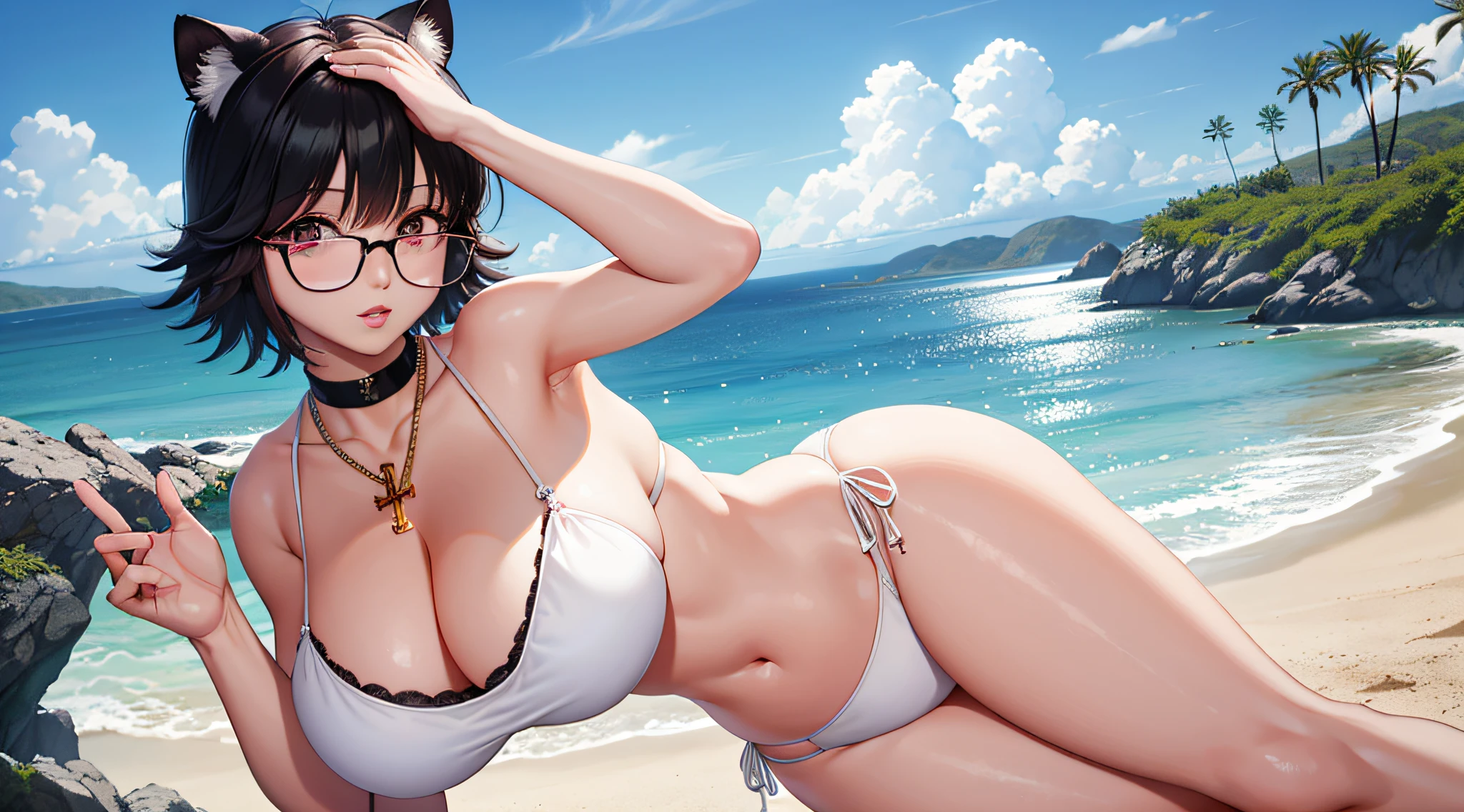 (tmasterpiece,best qualtiy:1.2), 独奏, 1girll, Shizuku Murasaki,Square glasses, looking at viewert, with brown eye, eye glass,white under lingerie, Cross necklace,gigantic cleavage breasts:1.3, humongous large breast:1.3, sandbeach