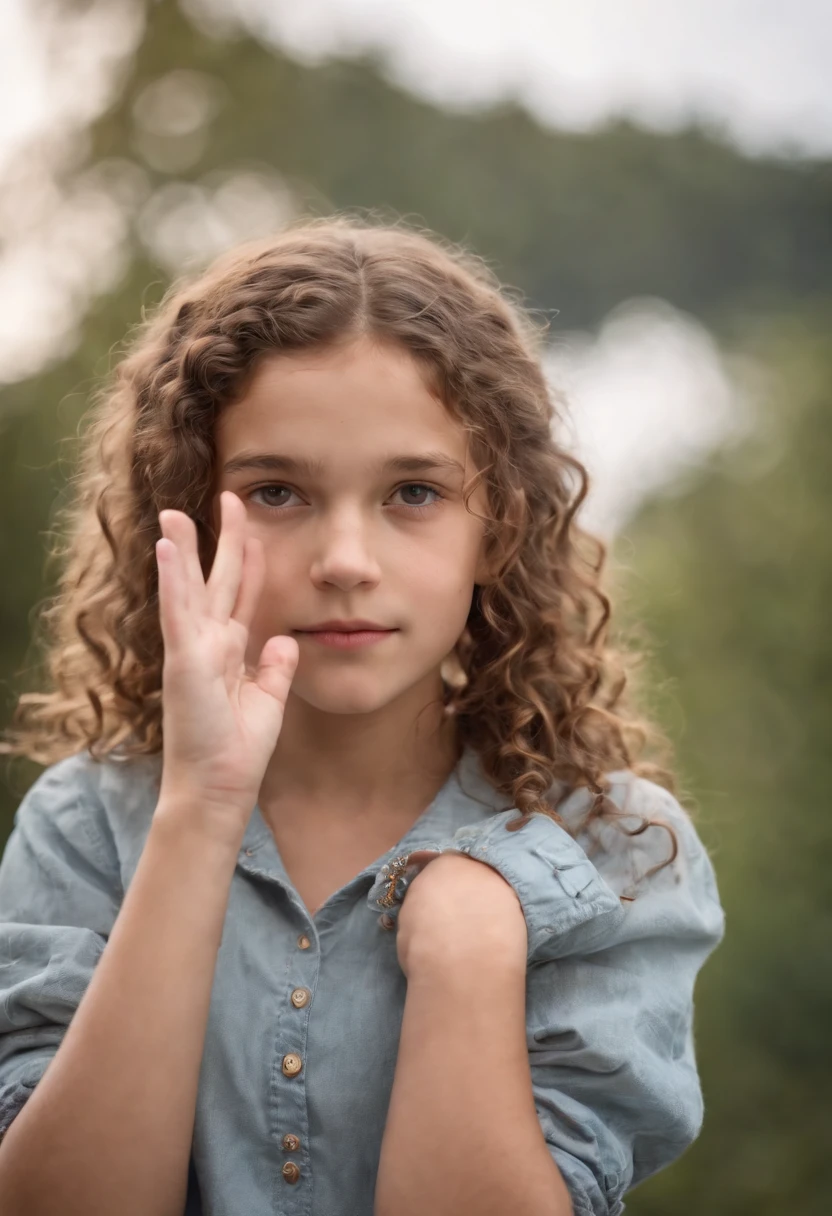 Curly-haired 12-year-old girl on top of a giant's hand