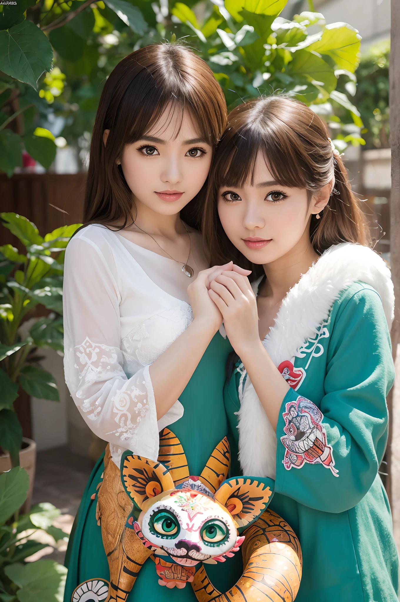 2 girls,duo,white color,((alebrijes art style)),Sony Alpha 1,Sony FE 16-35mm f/2.8 GM,ulzzang-6500-v1.1,sharp focus,highly detailed,rich colors,vibrant colors,trend on Artstation,4k,xxmix girls,leering,