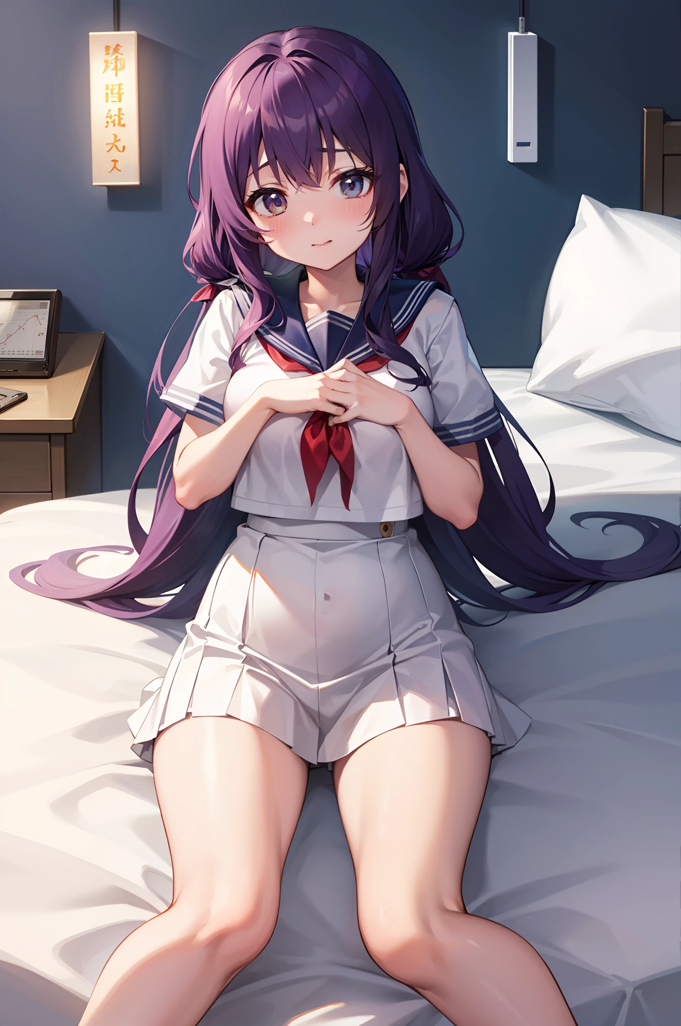 Puni high school girl in sailor suit with thick thighs in infirmary in the middle of the night、a moon、stele