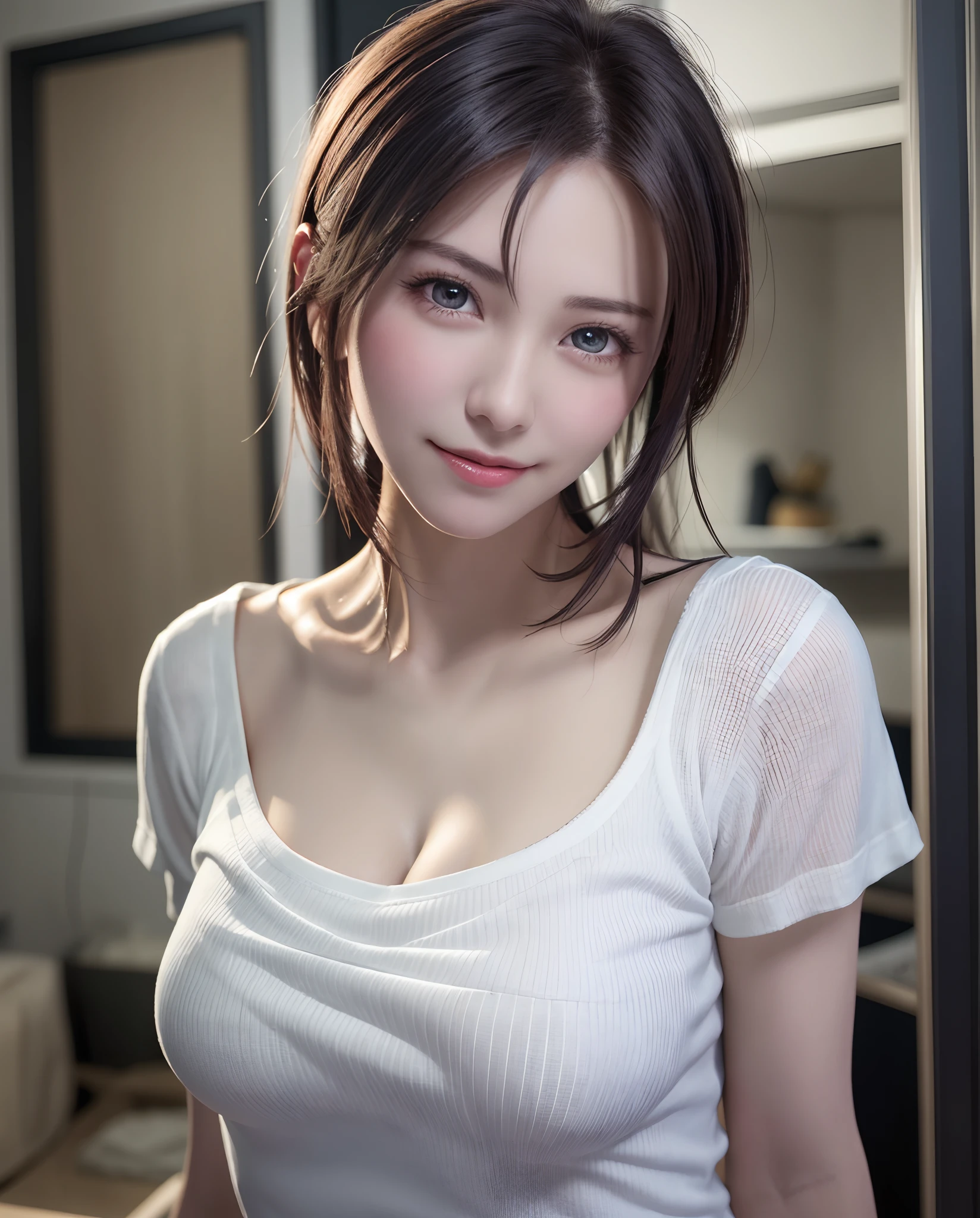 Top quality, ultra high resolution, (photorealistic: 1.4), beautiful eyes, super beautiful, short hair, beautiful breasts, lover, t-shirt with rough chest, eyes inviting viewer, lover's eyes, inviting facial expressions, sexy smile, perfect style, perfect balance, detailed skin, naughty eyes, chest visible