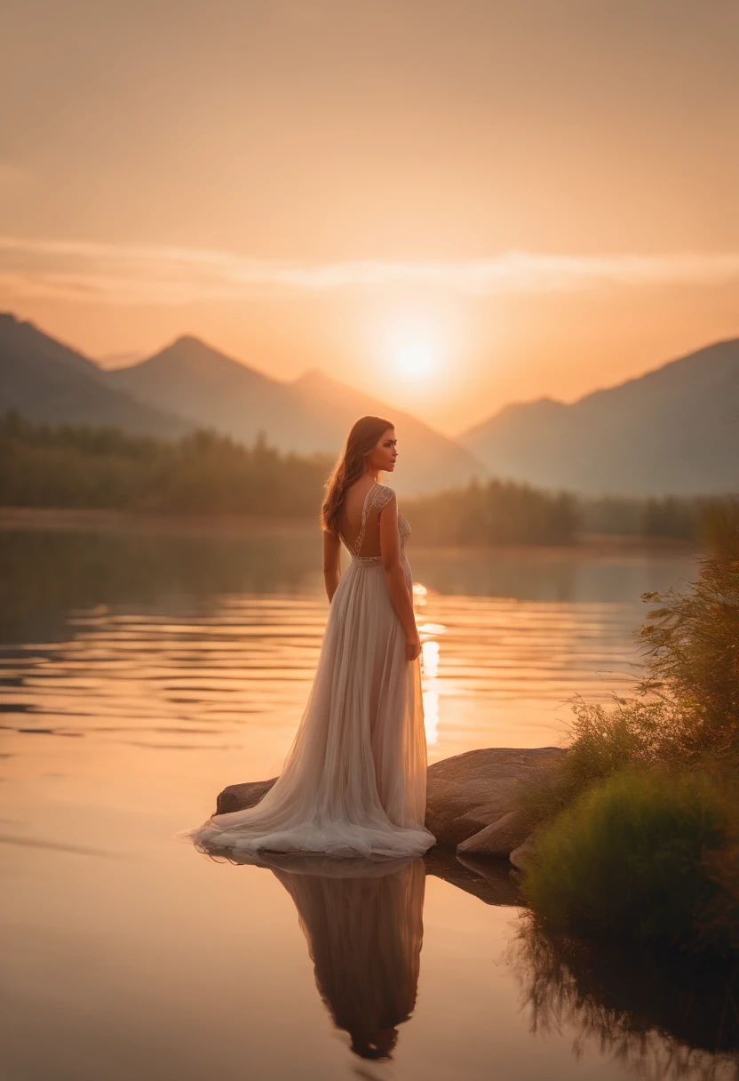 1 girl, Serene expression, mesmerizing eyes, straight long hair, floating dress, poised posture, Porcelain skin, Subtle blush, crystal pendant BREAK golden hour, (rim lit):1.2, Warm tones, Sun flare, Soft shadows, Vibrant colors, painterly effect, dreamy atmosphere BREAK scenic lake, Distant mountains, willowy, Calm water, Reflection, Sunlit clouds, tranquil ambiance, Idyllic sunsets, Ultra detailed, offcial art, Unity 8k wallpaper , zentangle, mandalas