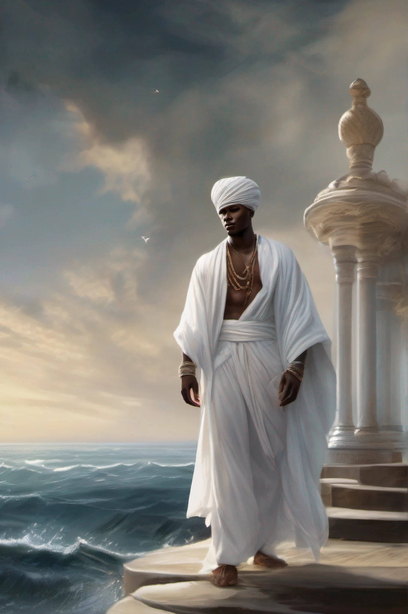 Black man, handsome face, all dressed in white robes, head turban, on the edge of the sea, full body image.