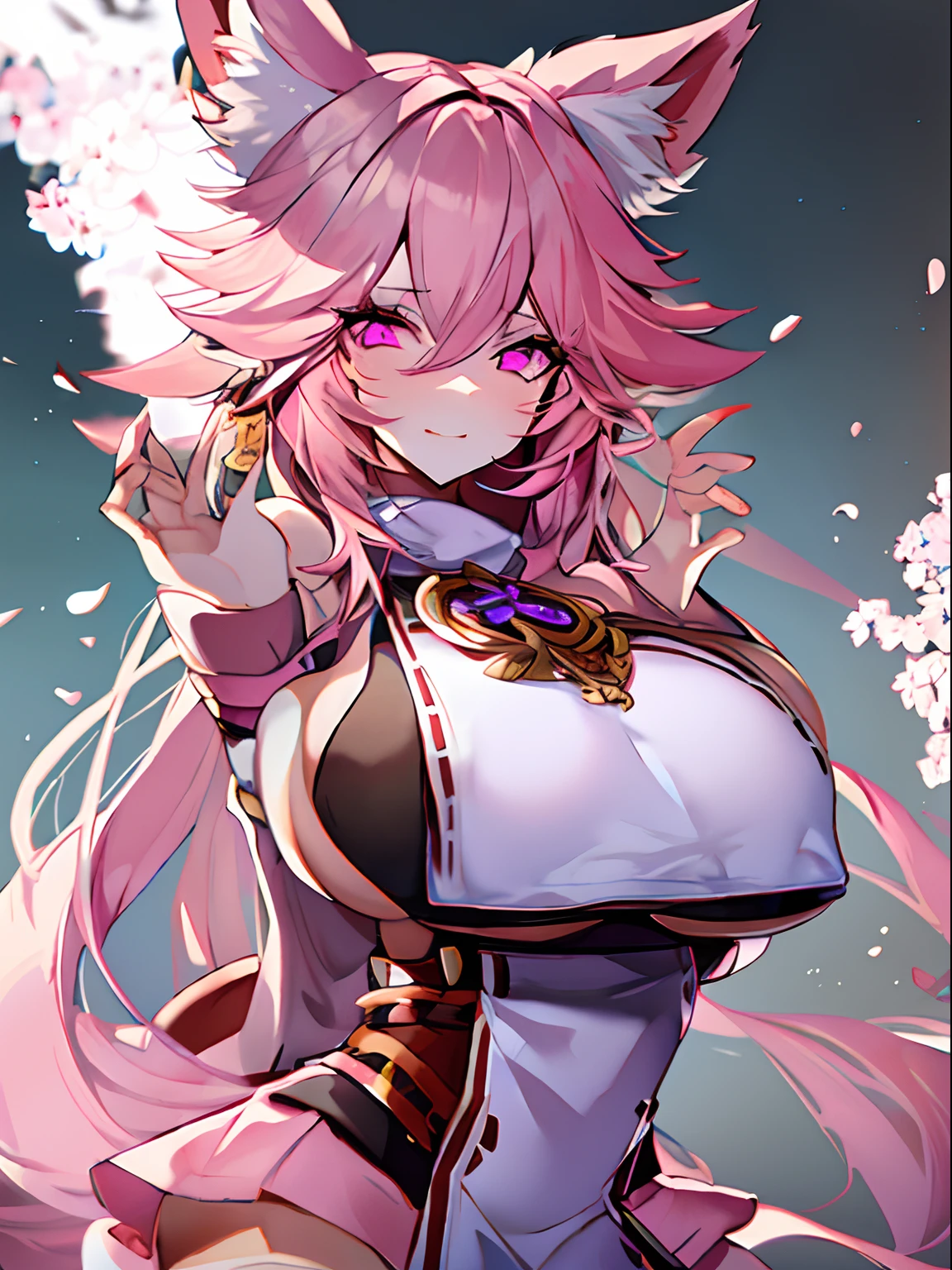 Top Quality, Beauty and Aesthetics, Very Detailed, Detailed Face and Eyes,anime, 1 Girl, Fox Ears, (Big breast:1.7),fox girl,longhair,hair color pink,pink eyes,fluffy tail,mini skirt