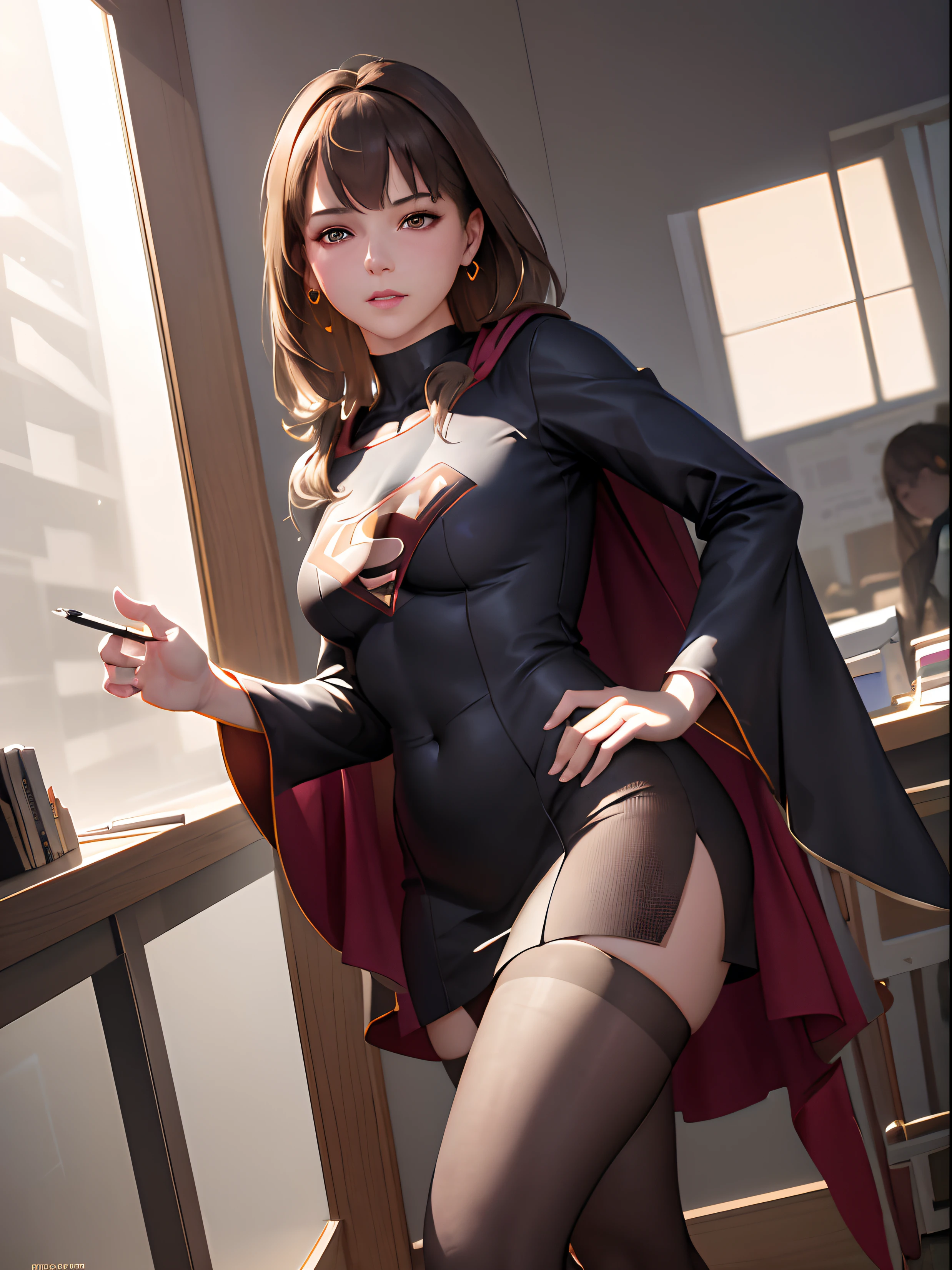 Supergirl, with long cape, soft lighting, beautiful detailed sunlight, reflections, office ,cubicle, 1girl, solo focus, from below, foreshortening, standing, crossed legs, office lady, black pencil skirt, hose, shoes, shirt tucked in, petite, nihongami, beautiful eyes, detailed eyes,expressive eyes, smirk, perfect hands, buxom, ([colors explosion colorful dust particles::0.2]:1.4) light brown hair, subsurface skin scattg, shiny skin,3d, choker, earrings, eyelashes, eyeshadow, lips, lipstick, jewelry, makeup, nose, alluring lips, masterpiece, best quality, highest quality, extremely detailed CG unity 8k wallpaper, focused, 8k wallpaper, 4k wallpaper, extremely detailed, ultra realistic, photorealistic, sharp focus, absurdness, (HDR:1.5), Instagram, high contrast, photograph, insanely detailed and intricate body part (including hands and fingers), no extra digits, no extra hands, no extra legs. ((Greg Rutkowski)), Artgerm, Satori Komeiji, Jeremy Lipking, Antonio J. Manzanedo, Wenjun Lin, Range Murata, Ilya Kuvshinov, studio_ghibli_anime_style style, copeseethemald style
