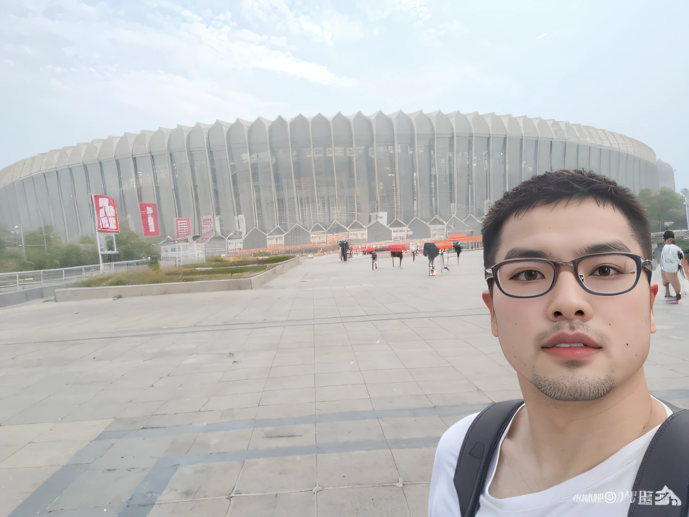 There was a man standing in front of the stadium with a backpack on his back, standing in a stadium, zeng fanzh, from china, jinyiwei, baotou china, Chiba Yuda, zmonzheng, inspired by Zha Shibiao, Inspired by Zou Yigui, wenjun lin, Hangzhou