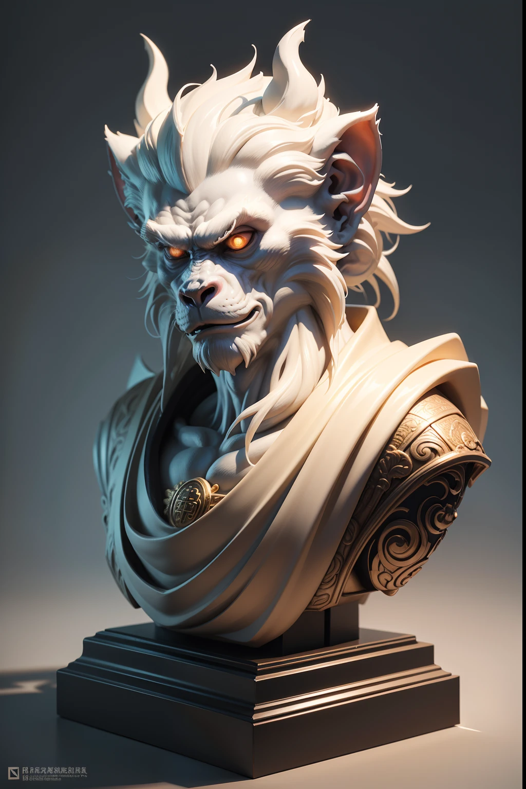 White Spirit Monkey,A monkey among Chinese sacred beasts,Monkey head sculpture,Spirit beasts,Chinese mythical beast,Spirit beasts,Immortal beasts,Exaggerated expressions,The bulging facial muscles are very fierce and terrifying,Only the head is domineering, Stylized marble 3d rendering, , HD is intricate, Overly detailed sculpture, Trends in complex 3D sculptures on Zbrush,