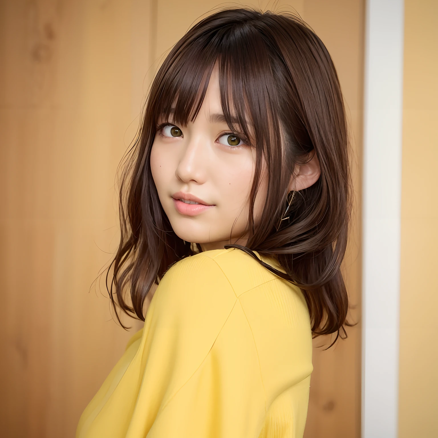 arafed woman with long brown hair and a white shirt, chiho, neat hair with bangs, 奈良美智, Shiori Teshirogi, With short hair, hime-cut, brown hair and bangs, With bangs, rena nounen style 3/4, Wavy shoulder-length hair, Brown hair with bangs、sad Facial expression、Yellow-green camisole