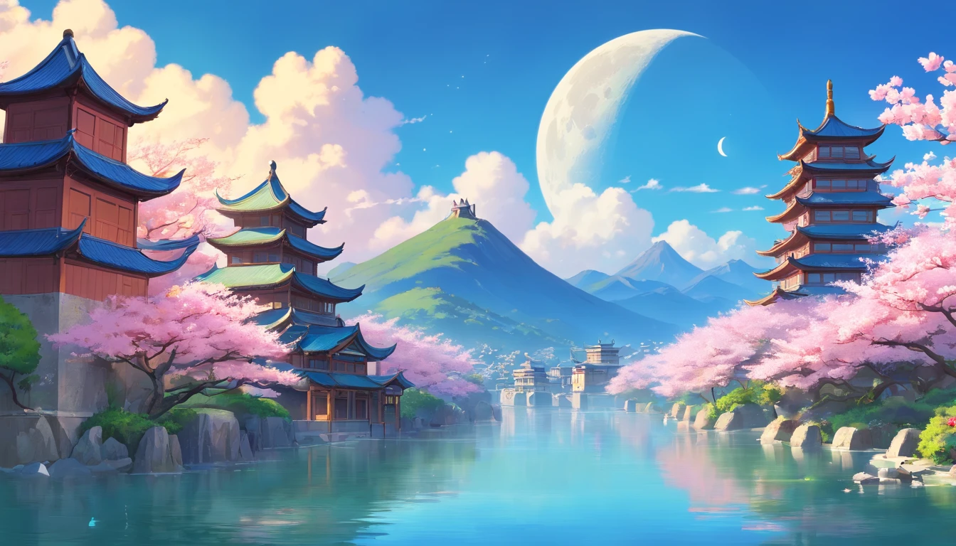 Chinese style buildings，lakes，The background is mountains，Moon，A sea of magnolia flowers，4k高清，Movie special effects，Dreamy and beautiful