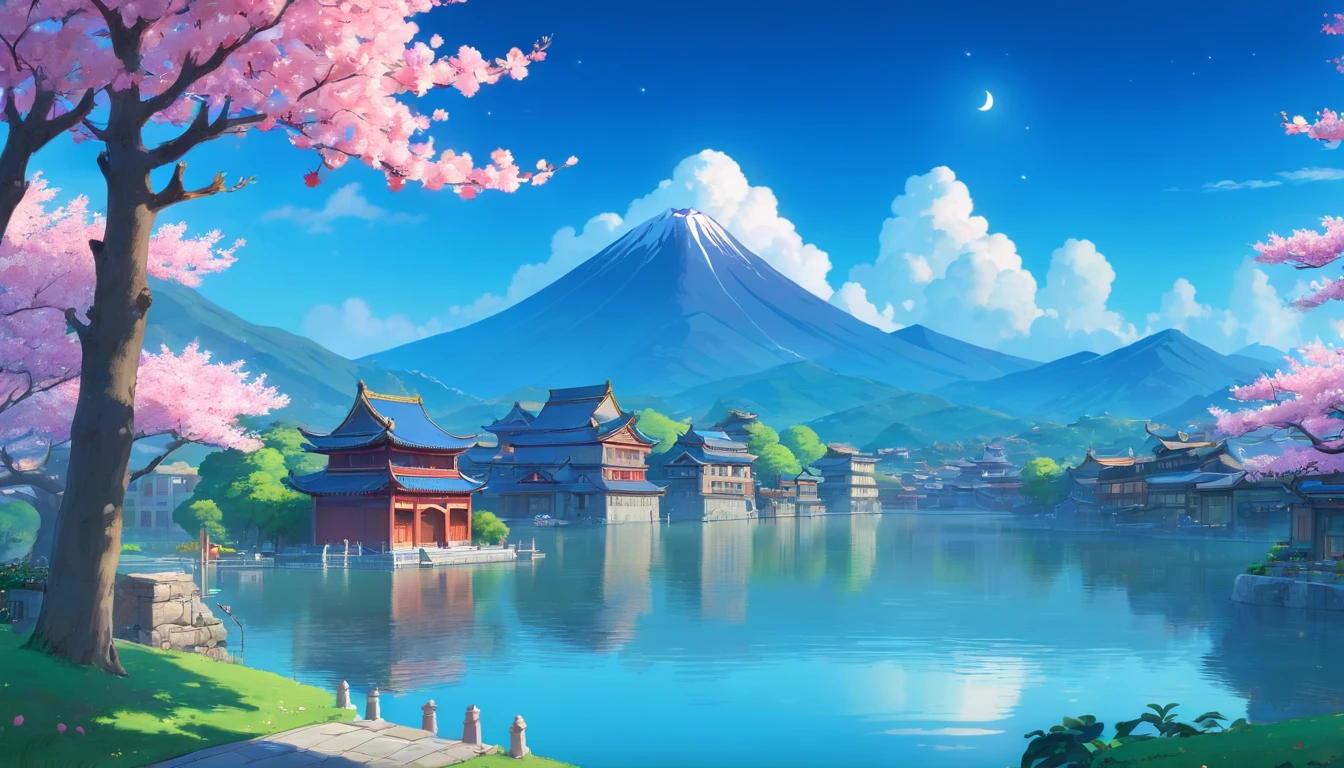 Chinese style buildings,lakes,The background is mountains,Moon,A sea of magnolia flowers,4k高清,Movie special effects,Dreamy and beautiful