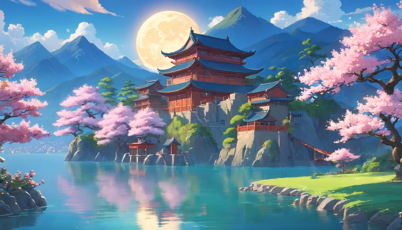 Chinese style buildings，lakes，The background is mountains，Moon，A sea of magnolia flowers，4k高清，Movie special effects，Dreamy and beautiful