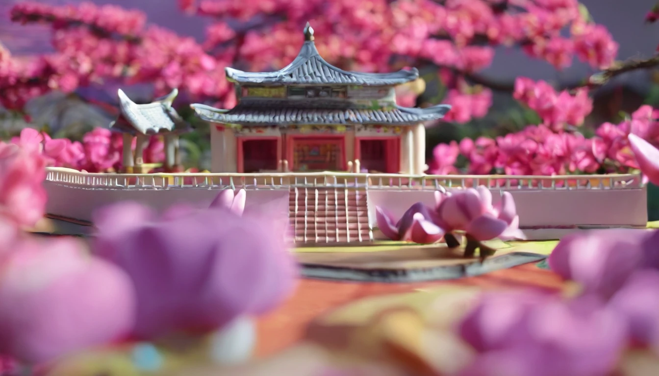 Chinese style buildings，lakes，The background is mountains，Moon，A sea of magnolia flowers，4k高清，Movie special effects，Dreamy and beautiful