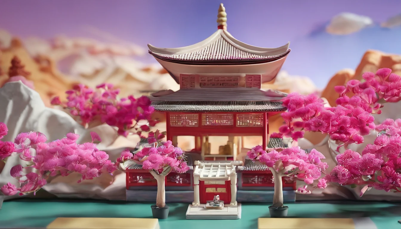 Chinese style buildings，lakes，The background is mountains，Moon，A sea of magnolia flowers，4k高清，Movie special effects，Dreamy and beautiful