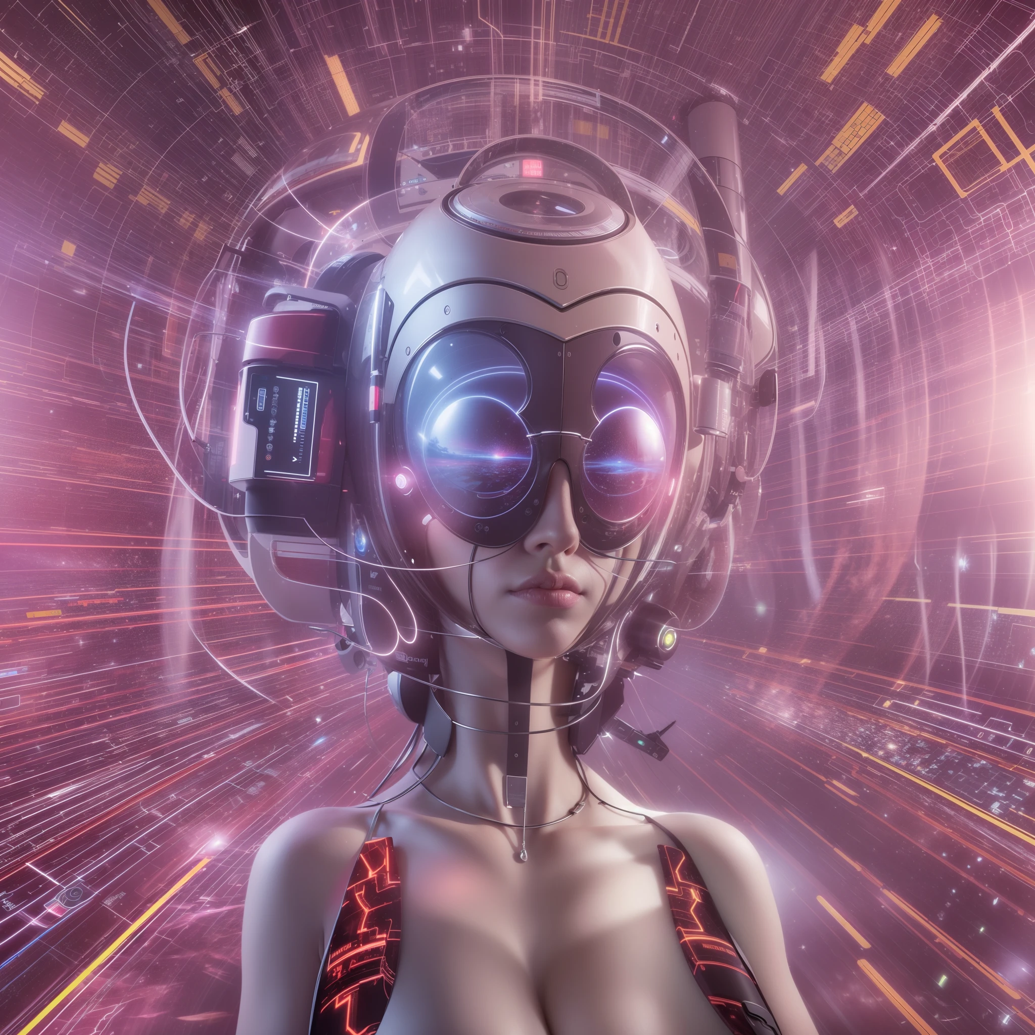 A new step for humanity, a machine that connects the brain and virtual space, the Metaverse, high image quality, high quality, innovative and comical artwork, realistic, the largest artwork of this century