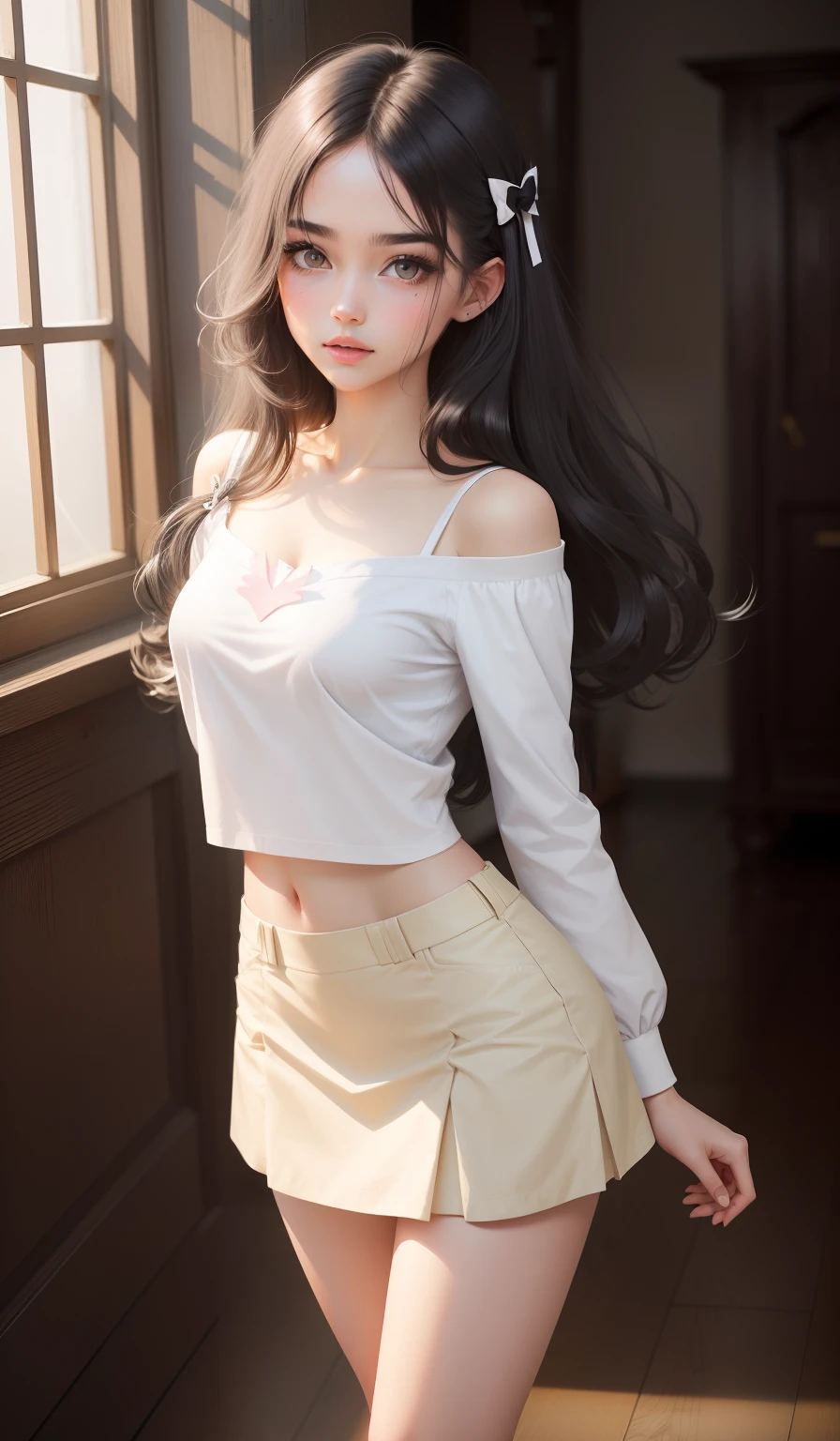 Top quality, RAW Photo, Highest Quality Image, 16K, Full body, Age 22 years old, Realistic, Photorealistic,  Beautiful Asian woman, Sexy, body, White pale skin, Beautiful hair, Wavy hair, Brown Hair,, dreadlocks hairstyle, Detailed face, Detailed body, Detailed skin, Double eyelids, Big eyes, long eyelashes, bright eyes, green eyes, natural lips, detailed lips, Saggy breasts, Very Small breasts, Flat Breasts, long shape breasts, posing in bedroom studio, sunny day light, wearing white see through shirt with all buttons are unbuttoned, no bra, Tattooed, wide forehead 