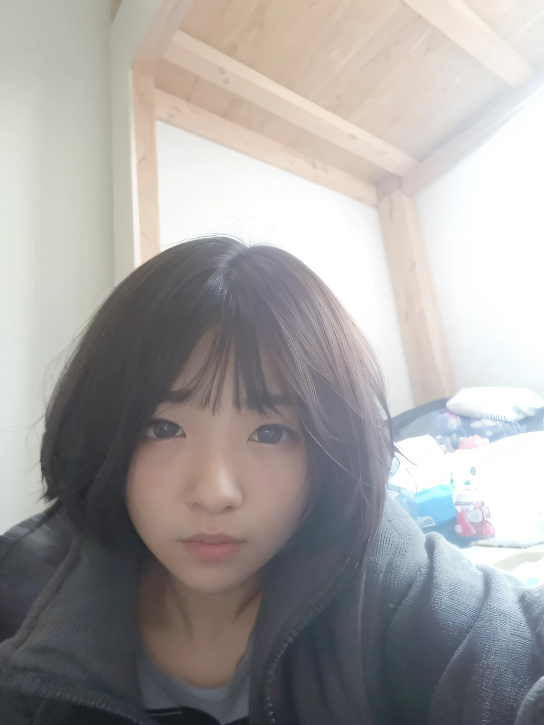 There was a young girl with very short hair and a hoodie, with short hair, chiho, only a few bangs of hair, shikamimi, Face picture, 1 8 I, brown hair, captured with sony a3 camera, With bangs, hime-cut, black hime cut hair, harumi, nomake-up, She is facing the camera
