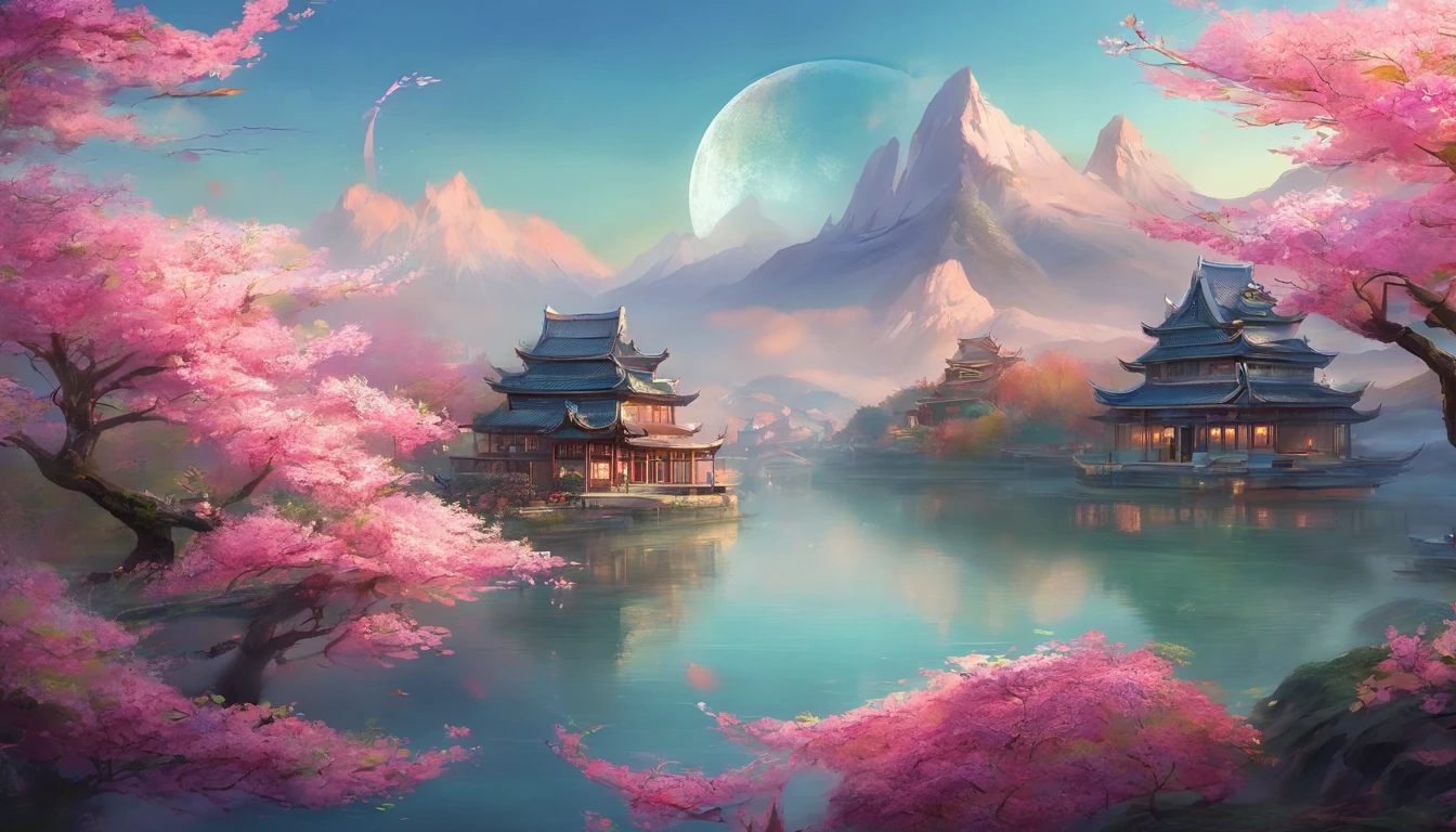 Chinese style buildings,lakes,The background is mountains,Moon,A sea of magnolia flowers,4k高清,Movie special effects,Dreamy and beautiful