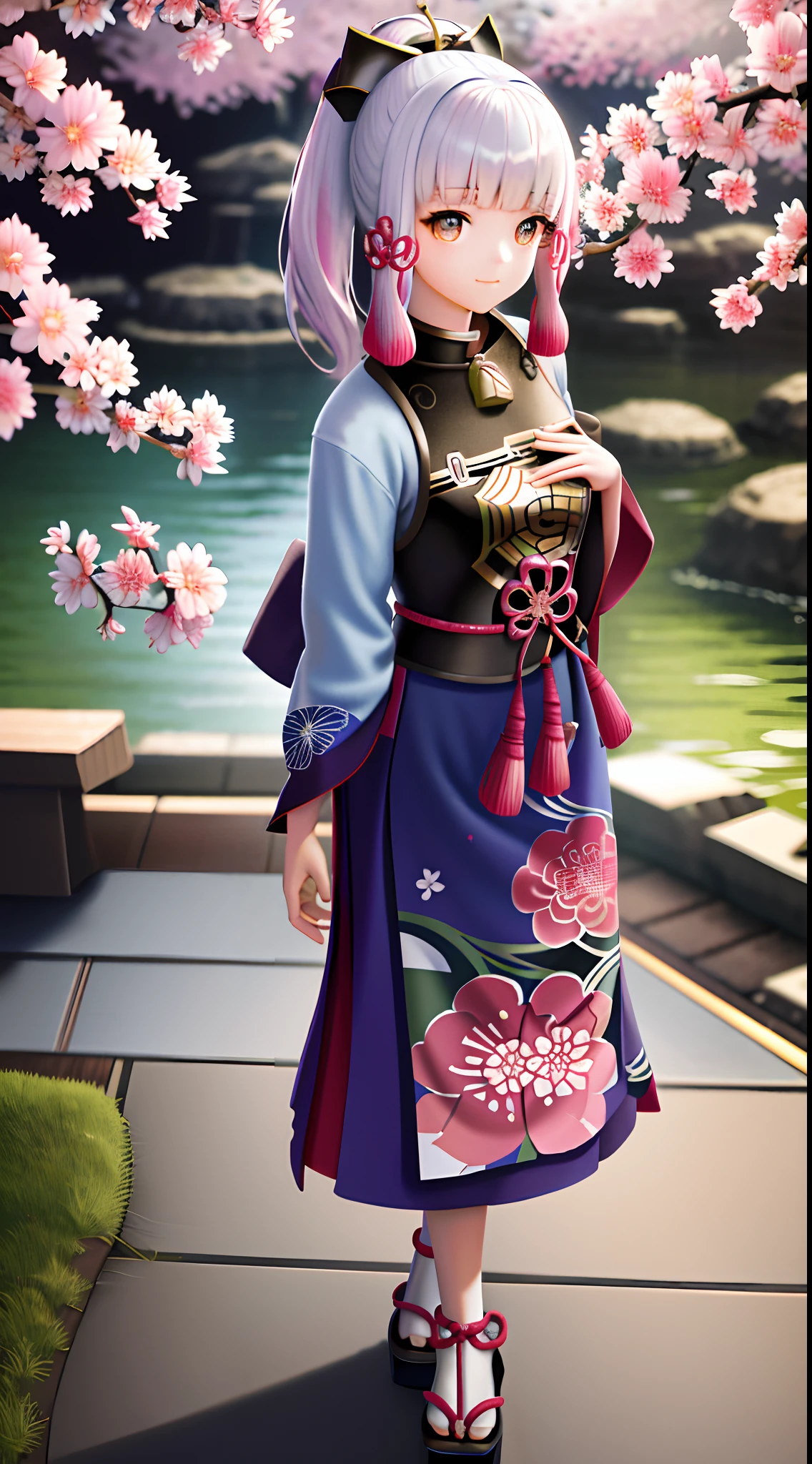 detailed cherry blossoms, traditional Japanese garden, soft lighting, realistic portrait, vibrant colors, peaceful atmosphere, delicate textures, elegant pose, intricate pattern on the kimono, enchanting background